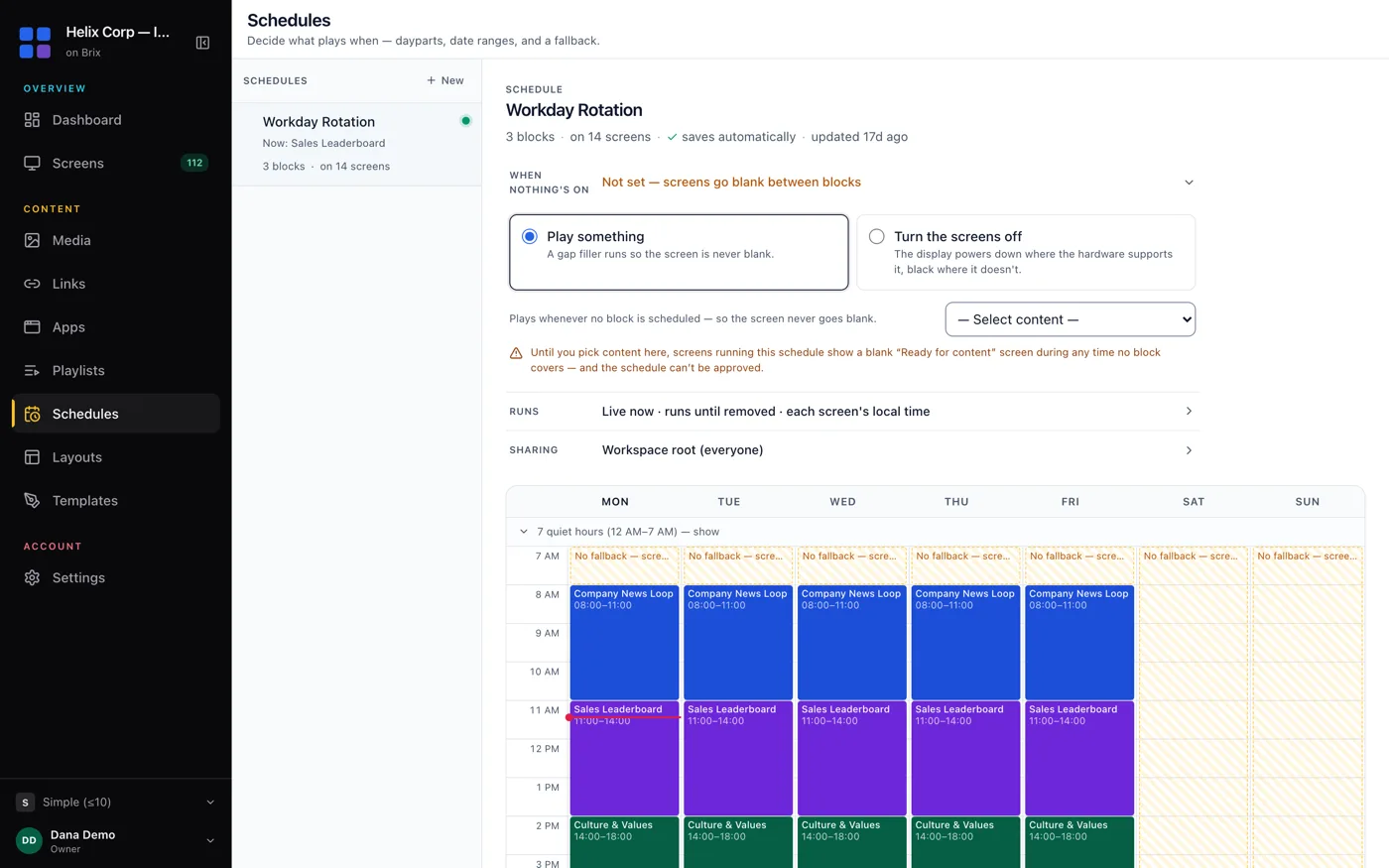 The Brix schedule calendar with dayparted content blocks