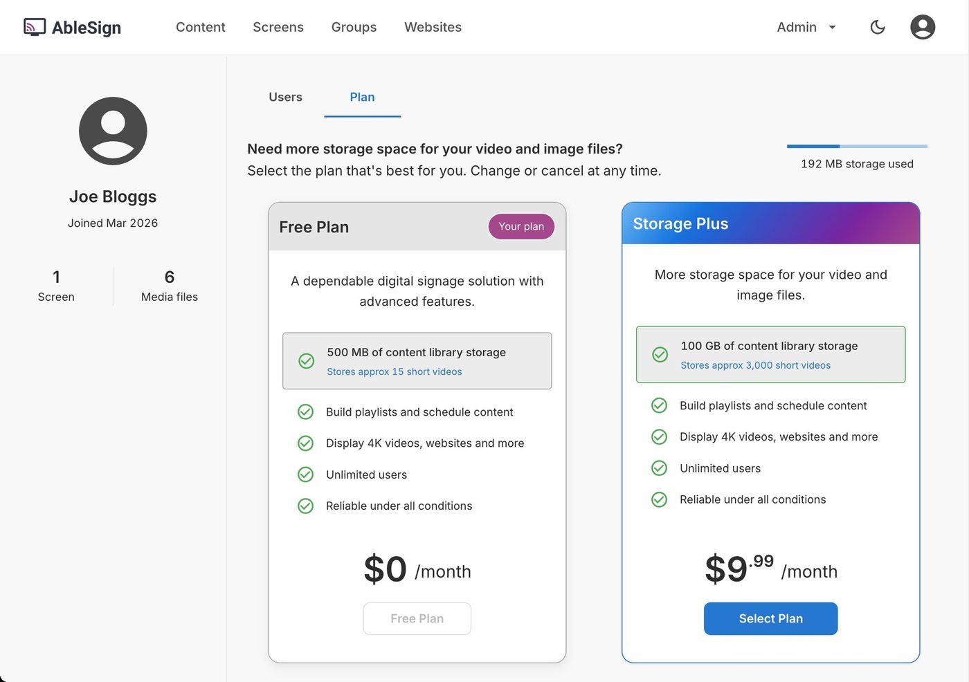 AbleSign's plans, from inside the app: 500 MB free, 100 GB for $9.99 a month