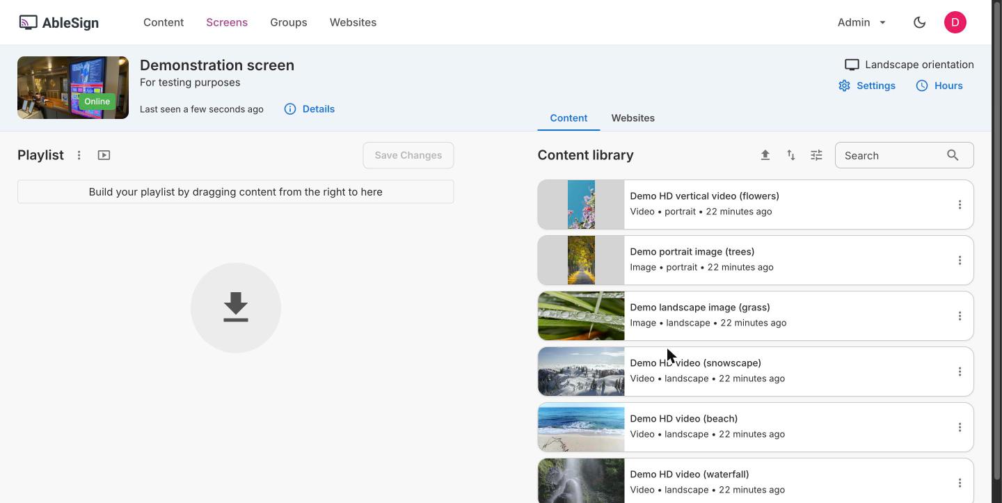 AbleSign's screen page: the playlist and the content library (trial account, September 2026)