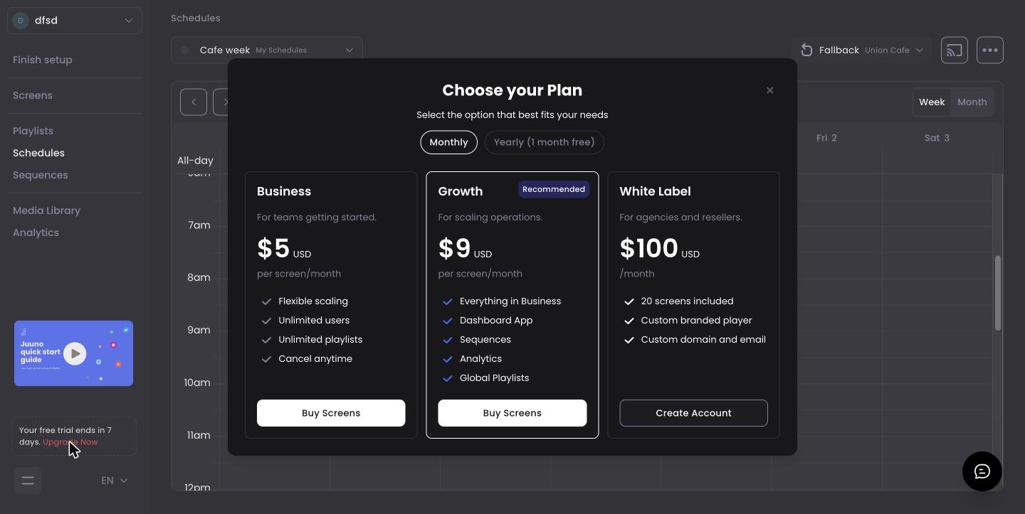 Juuno's plans inside the app: Business $5 and Growth $9 per screen per month, White Label $100 a month (trial account, September 2026)