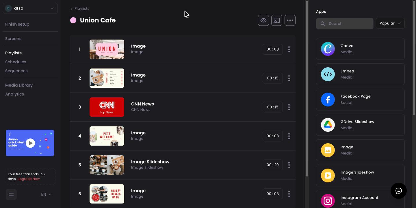 A Juuno playlist with the apps panel (trial account, September 2026)