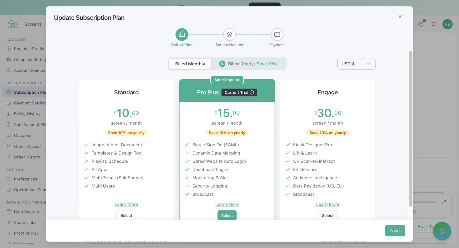 OptiSigns' plans inside the app: Standard $10, Pro Plus $15, Engage $30 per screen per month, 10% off yearly (trial account, September 2026)