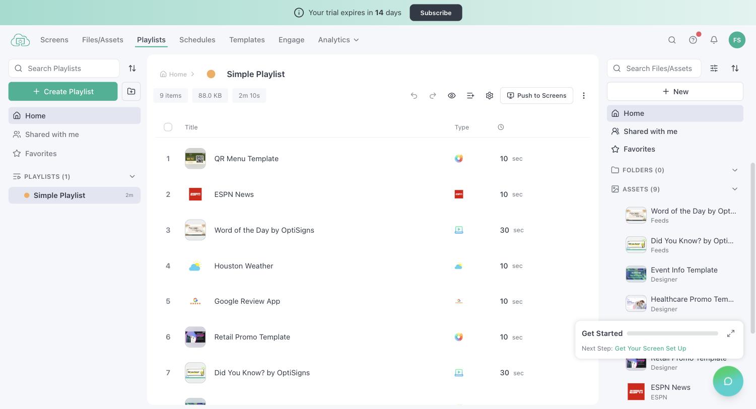 An OptiSigns playlist (trial account, September 2026)