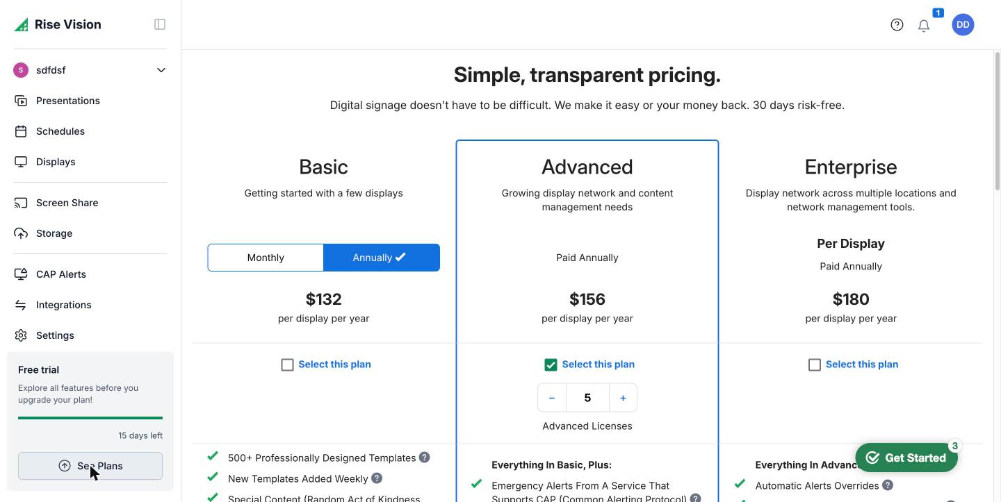 Rise Vision's plans inside the app for a non-education account: $132, $156 and $180 per display per year (trial account, September 2026)