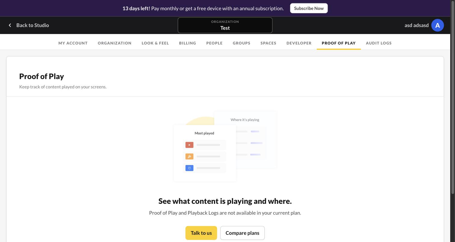ScreenCloud's Proof of Play page on the trial plan: "Proof of Play and Playback Logs are not available in your current plan" (trial account, September 2026)