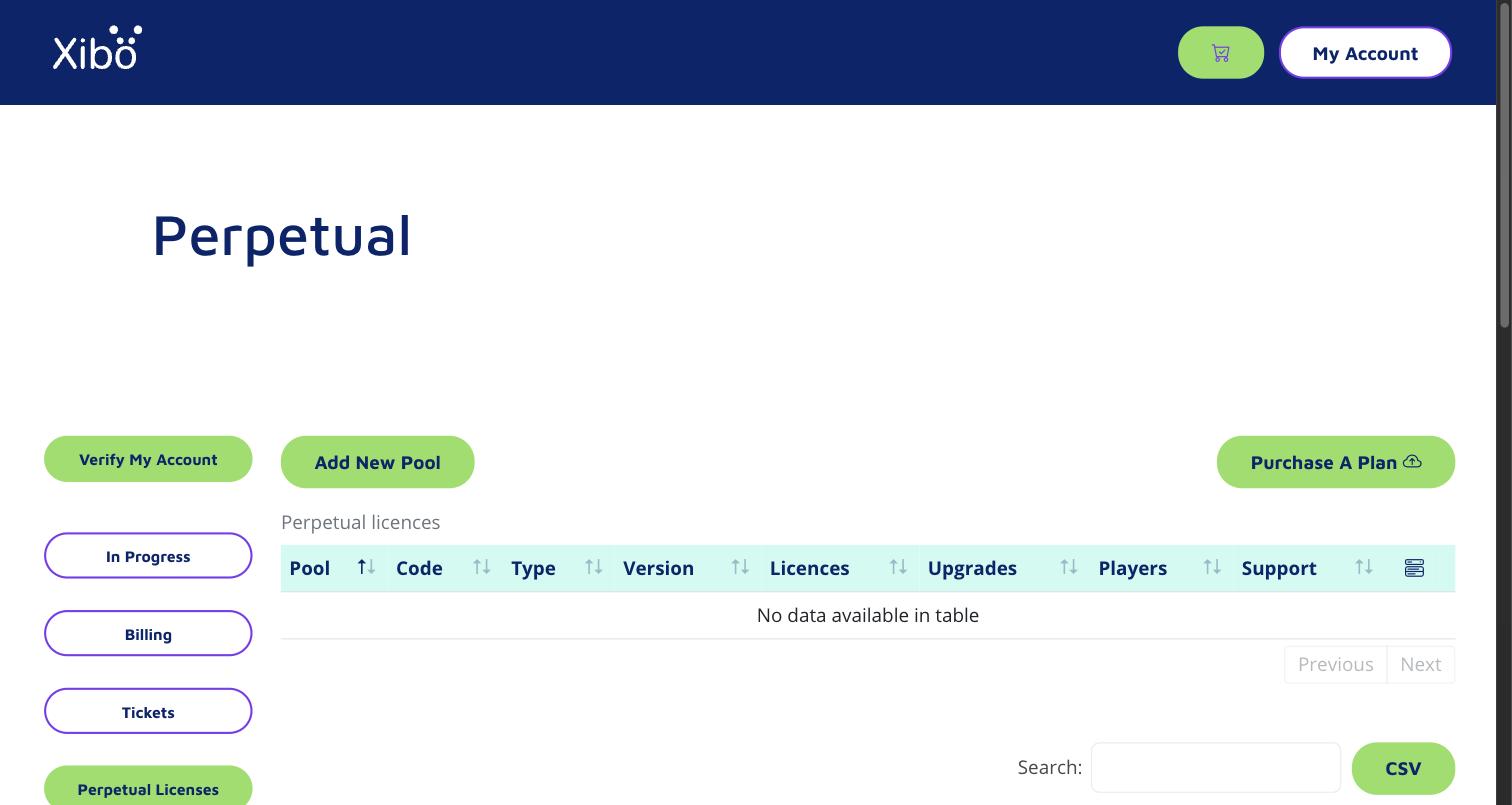 What a new Xibo account opens on: the licensing portal, not the content editor (trial account, September 2026)