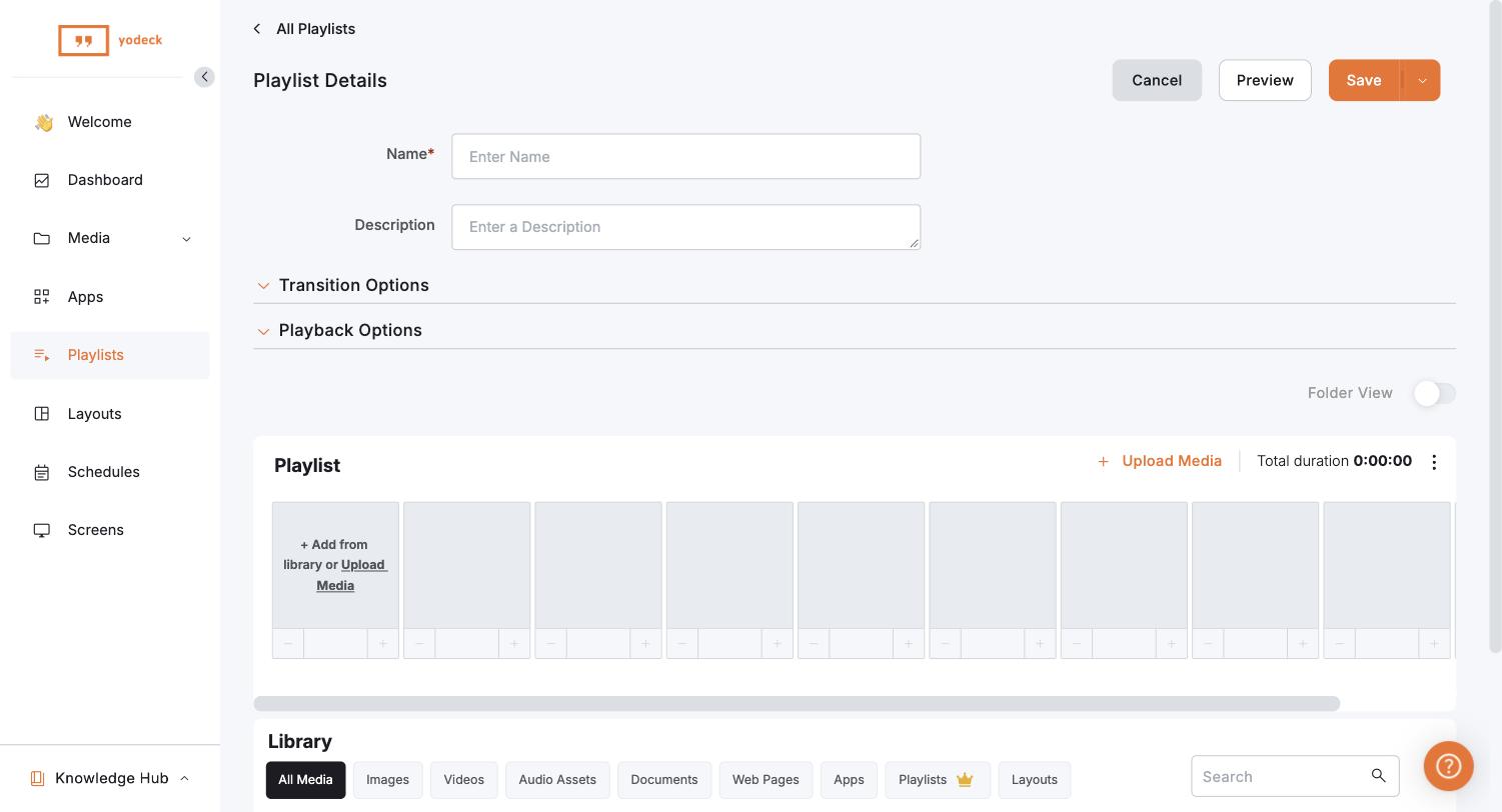 Yodeck's playlist editor (trial account, September 2026)