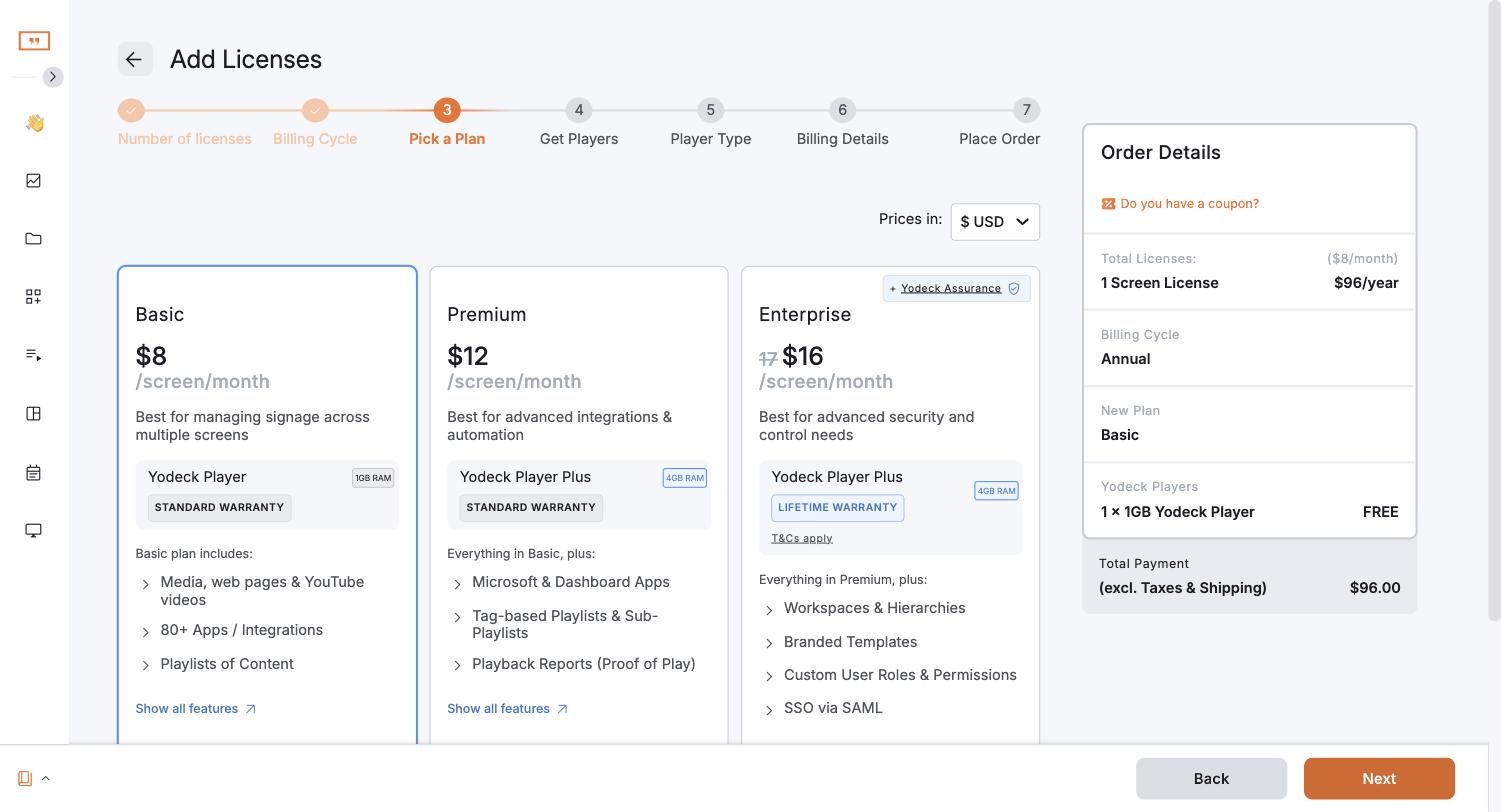 Yodeck's plans inside the app: Basic $8, Premium $12, Enterprise $16 per screen per month (trial account, September 2026)