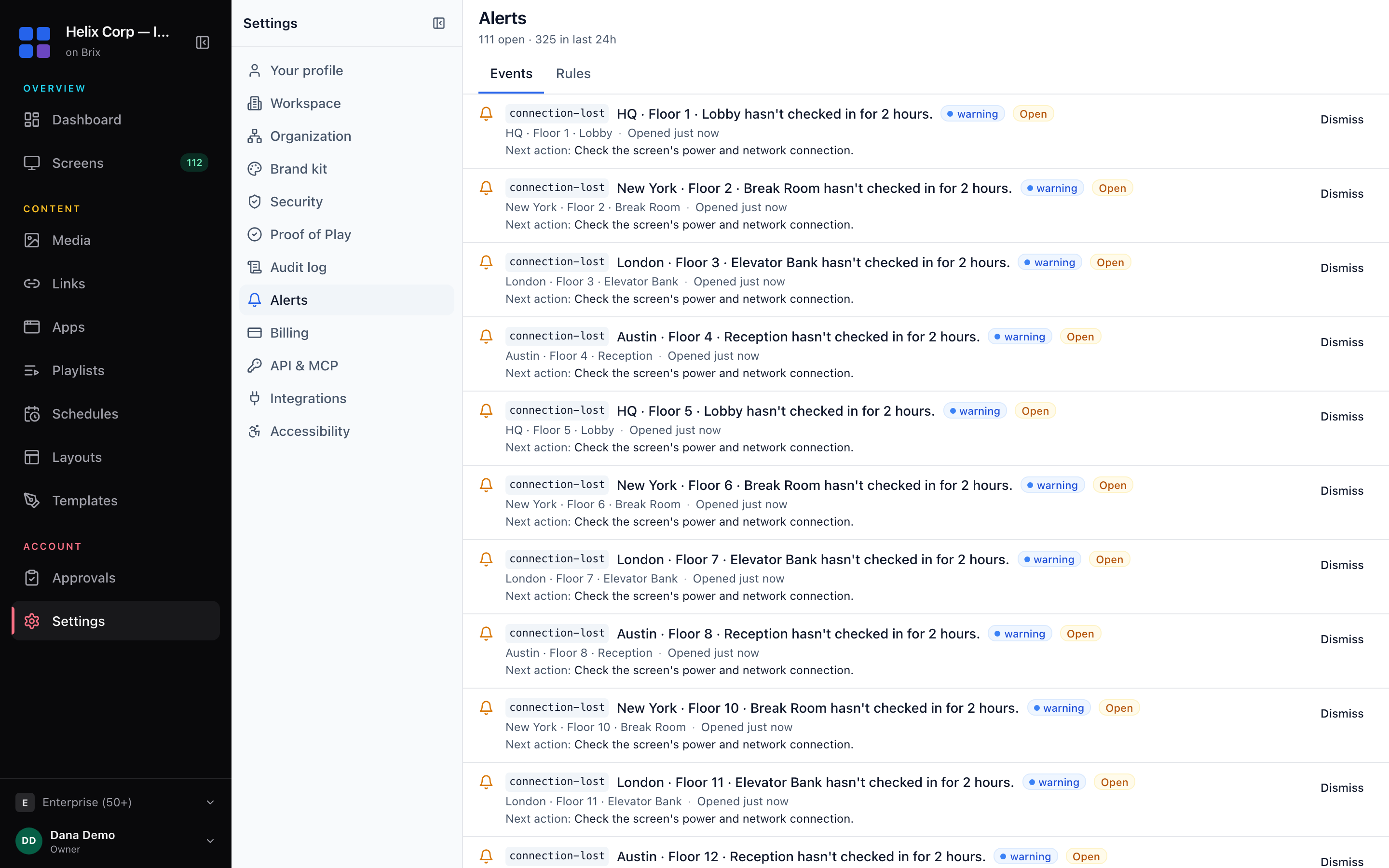 The Events tab of the Alerts page, with one row per alert showing its code, message, severity, screen and next action.