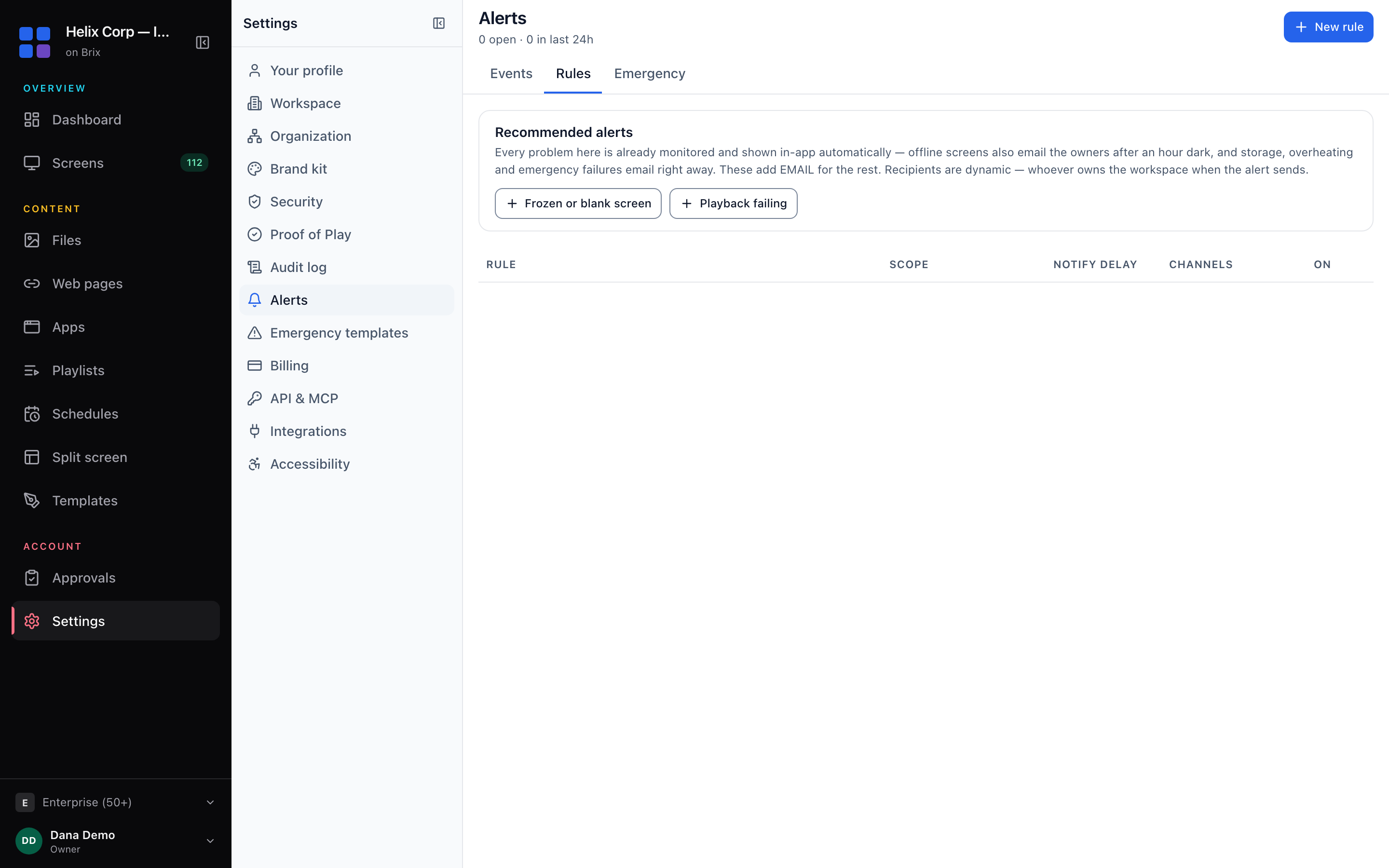 The Rules tab, with the Recommended alerts card, the New rule button and the table of rules.