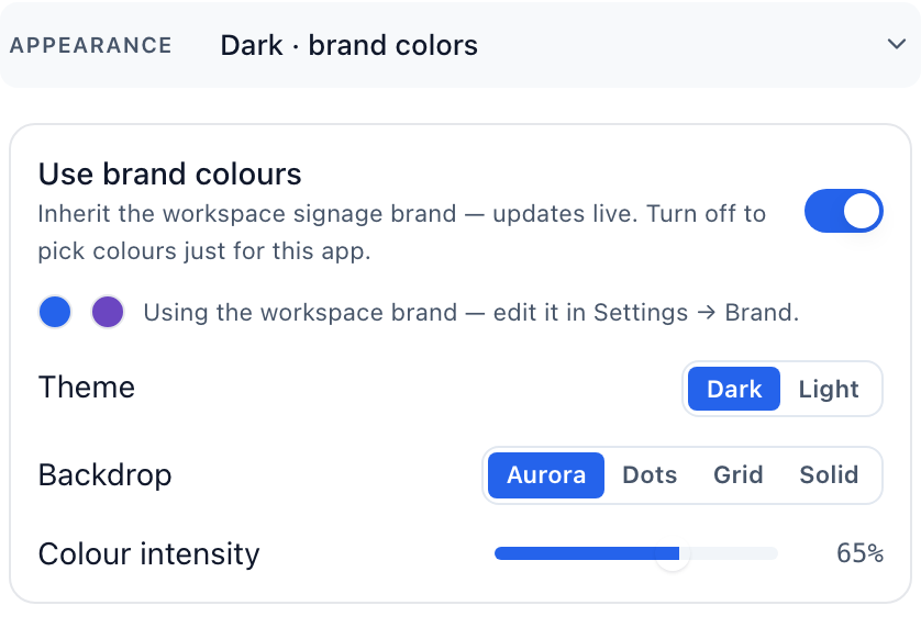 The Appearance section on brand colors: the switch, the two workspace swatches, and the theme, backdrop and intensity rows.