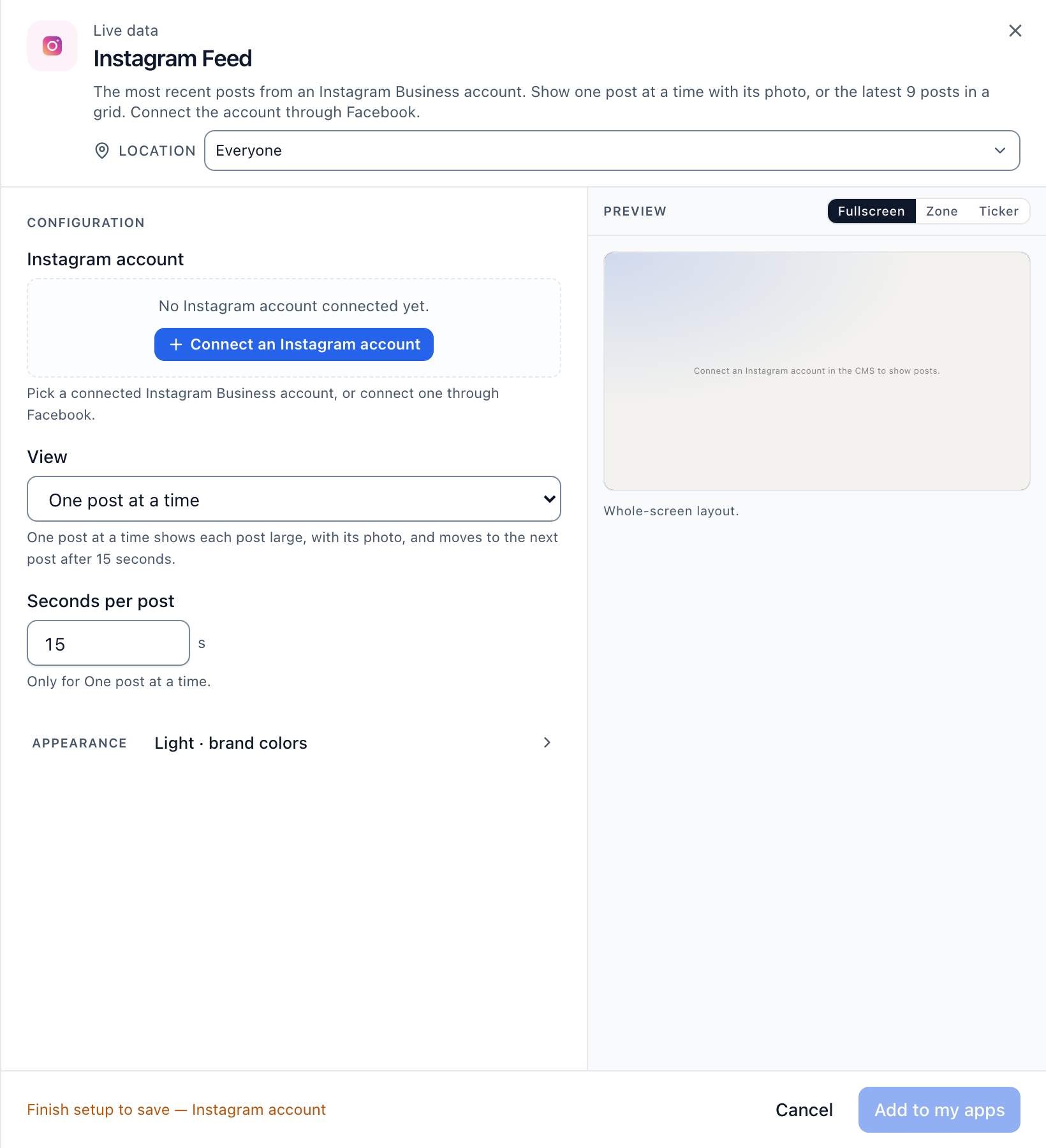 The Instagram Feed configuration panel with its preview