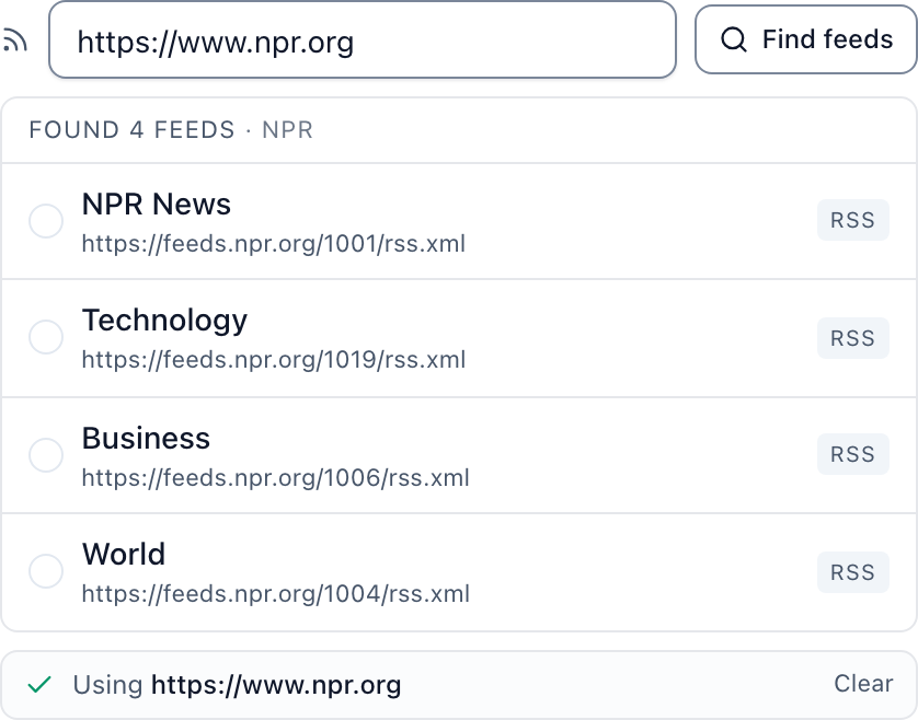 Find feeds lists the feeds a website offers. Pick one.
