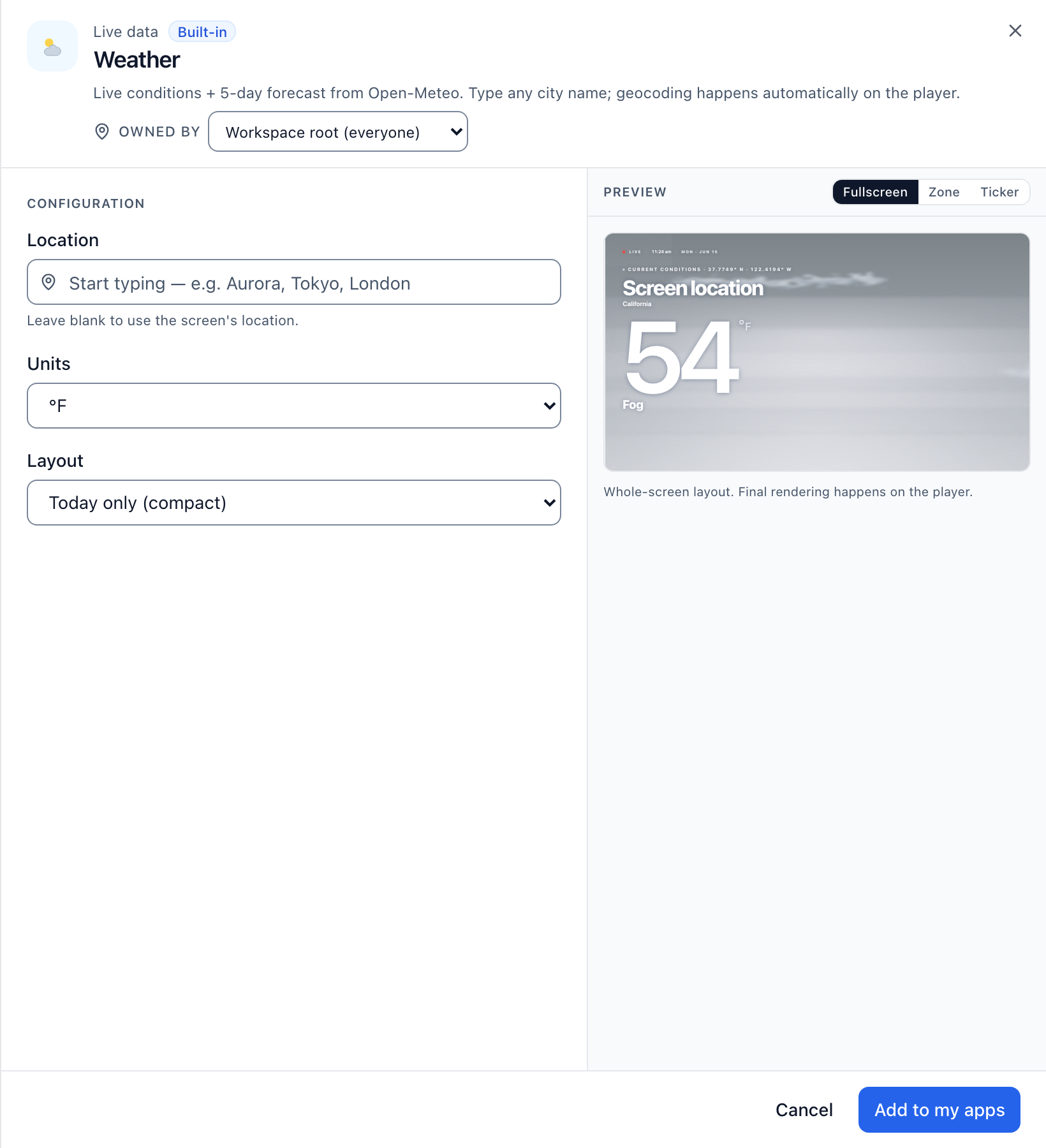 The Weather app configuration panel: the fields in the Configuration column, and the live preview with its size switch on the right.