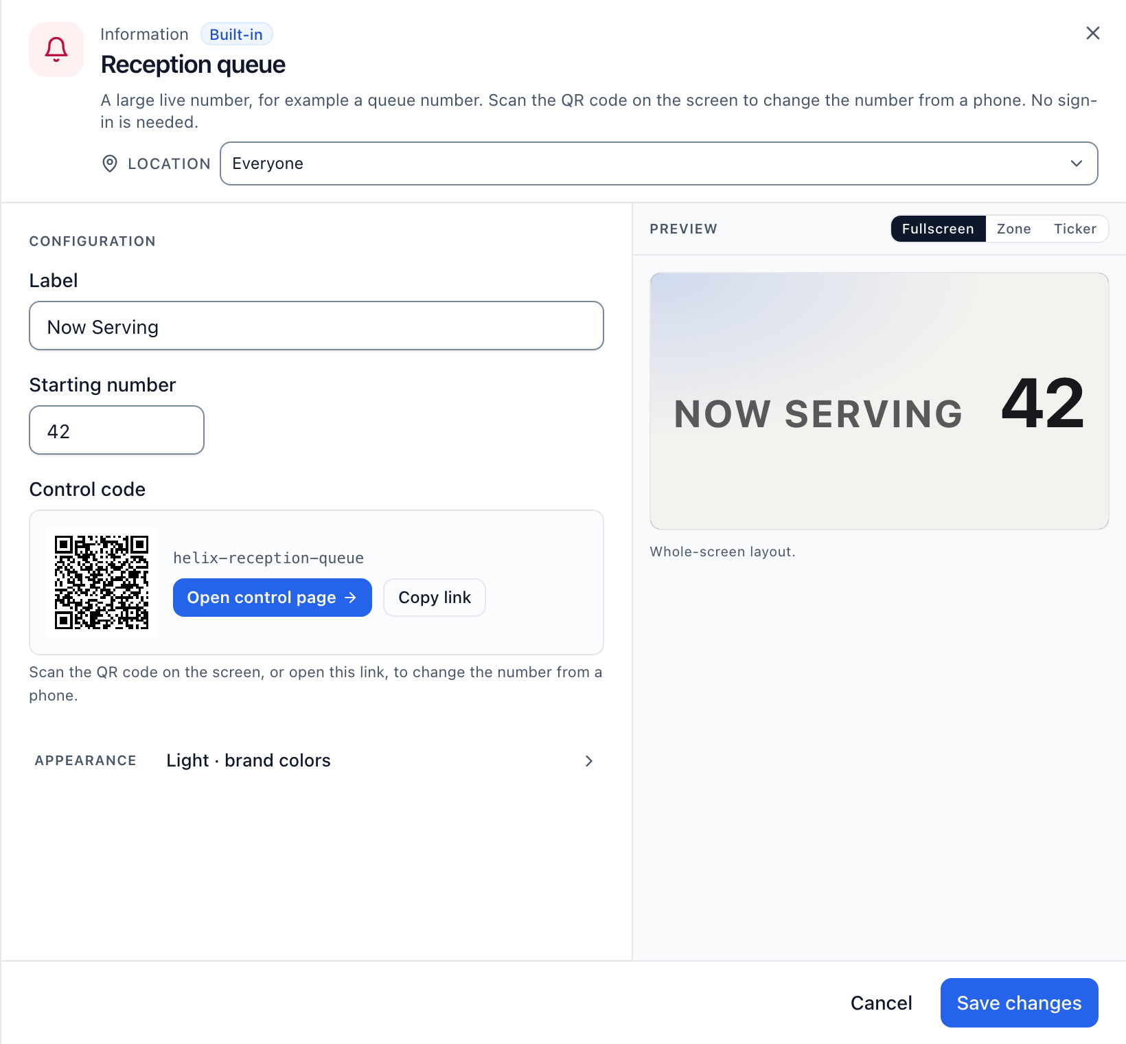 A Now Serving app: the control code QR, Open control page and Copy link.