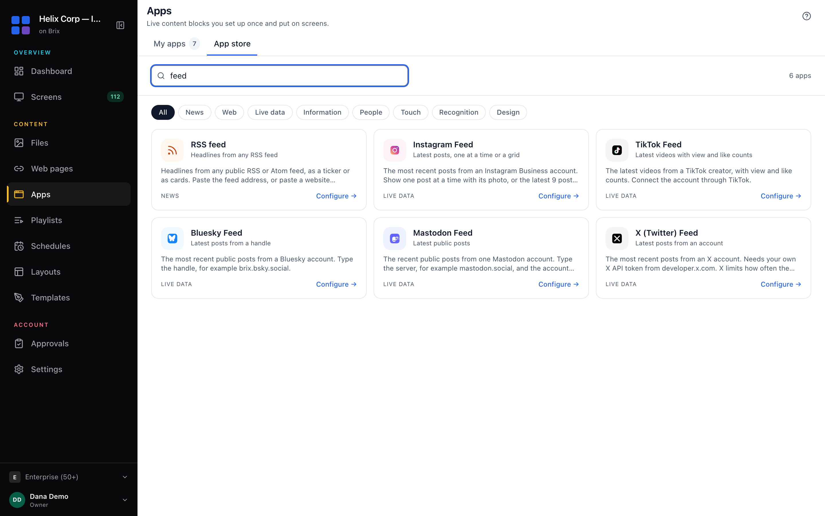 The Brix app store, searched for feeds: RSS, Instagram, TikTok, Bluesky, Mastodon and X (Twitter)