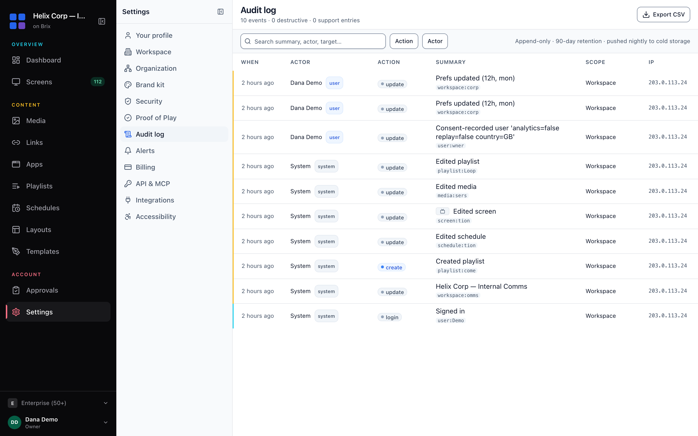 The Audit log: the search box, the Action and Actor filters, and one row for each change.