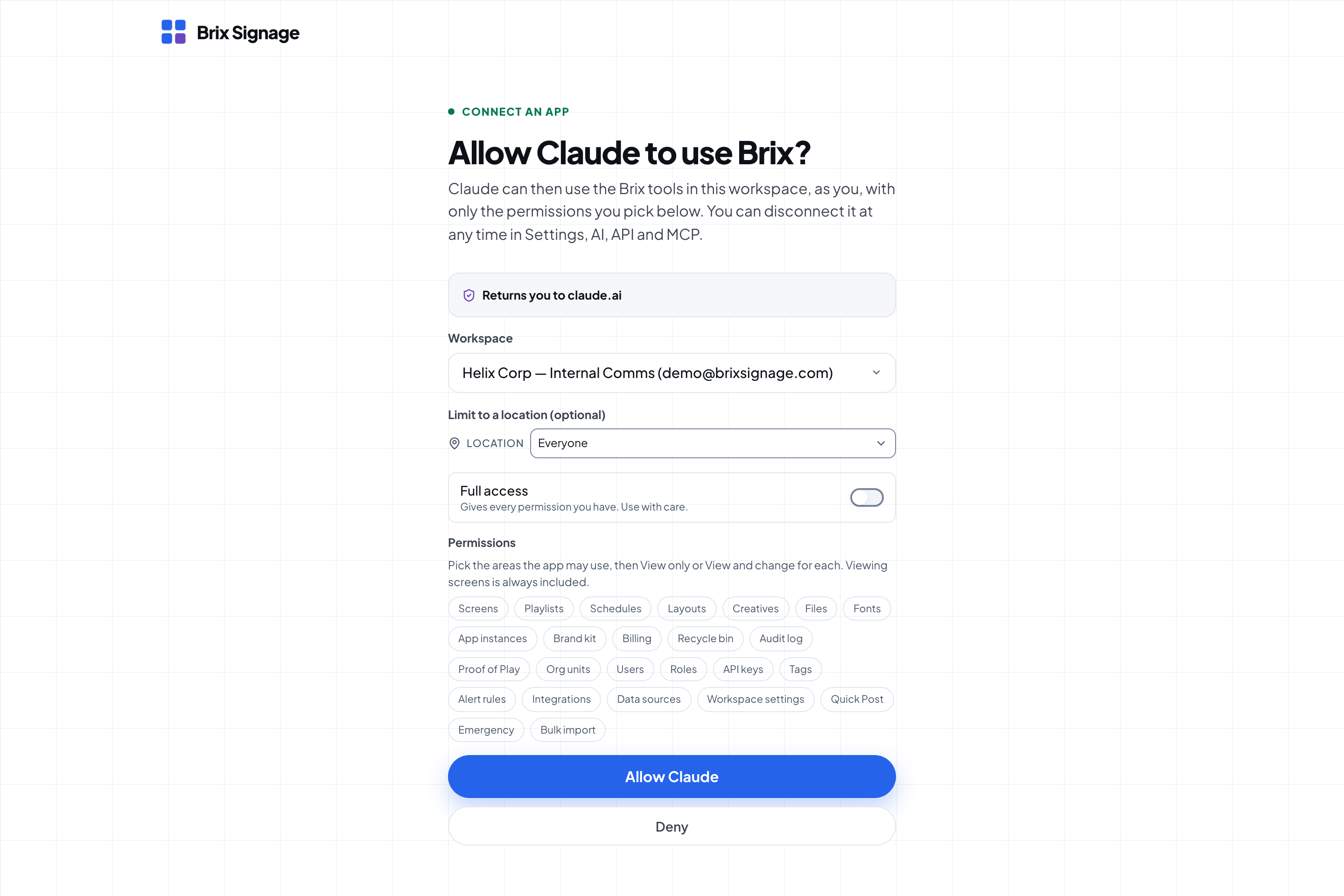 The Brix page Claude opens: pick the workspace, a location and the permissions, then allow.