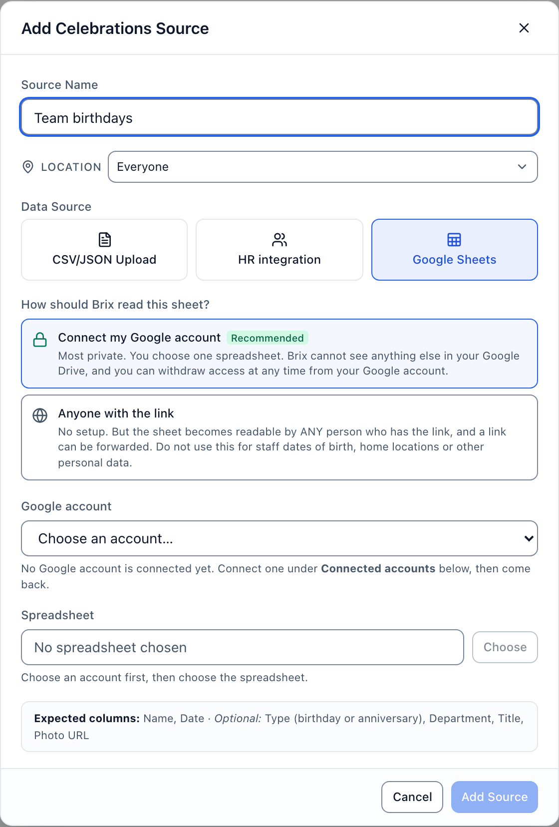 Adding a Google Sheet as a data source, with the ways Brix can read it.