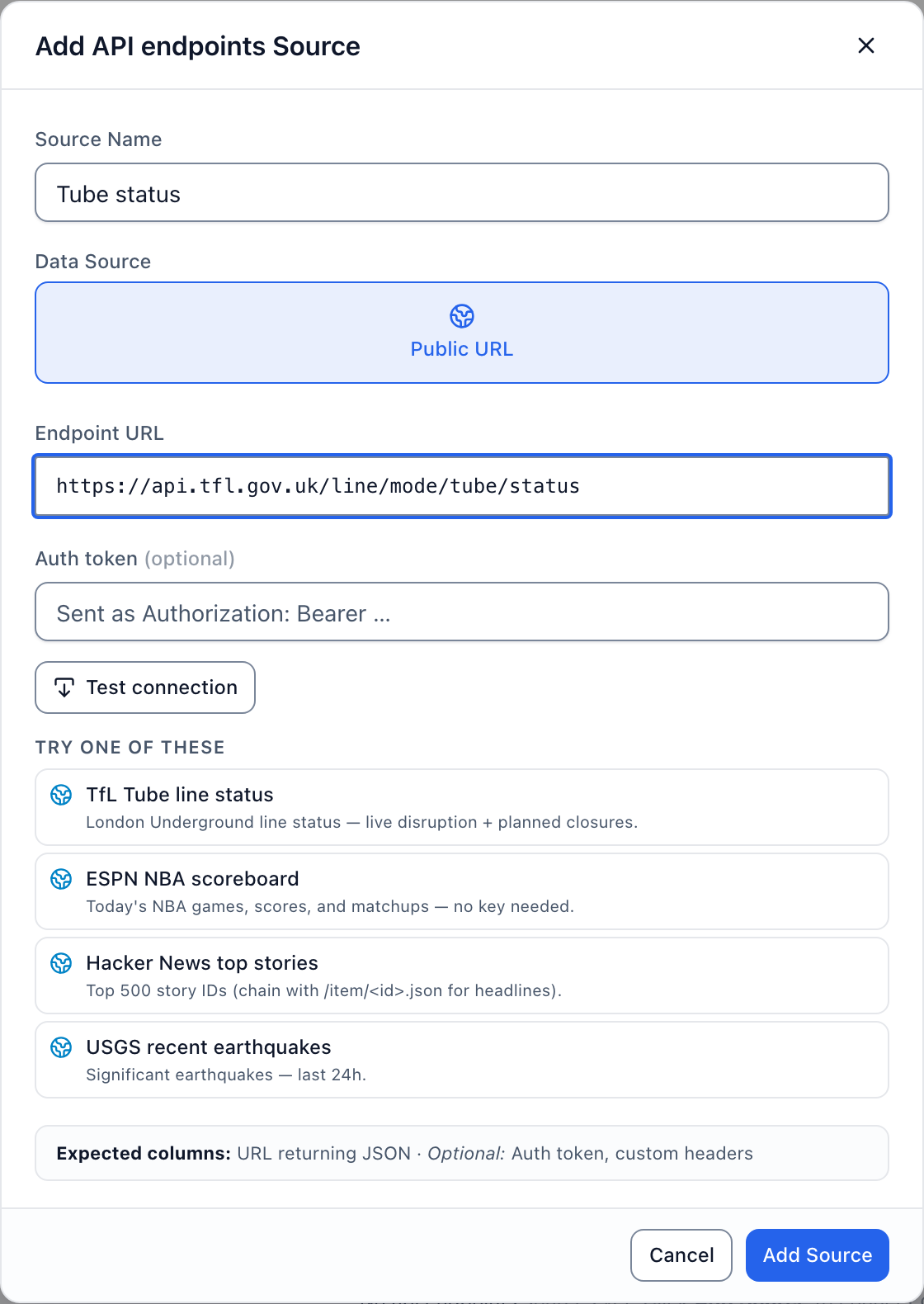 The Add Source dialog for a public JSON feed: the name, the address, the optional token and the example list.