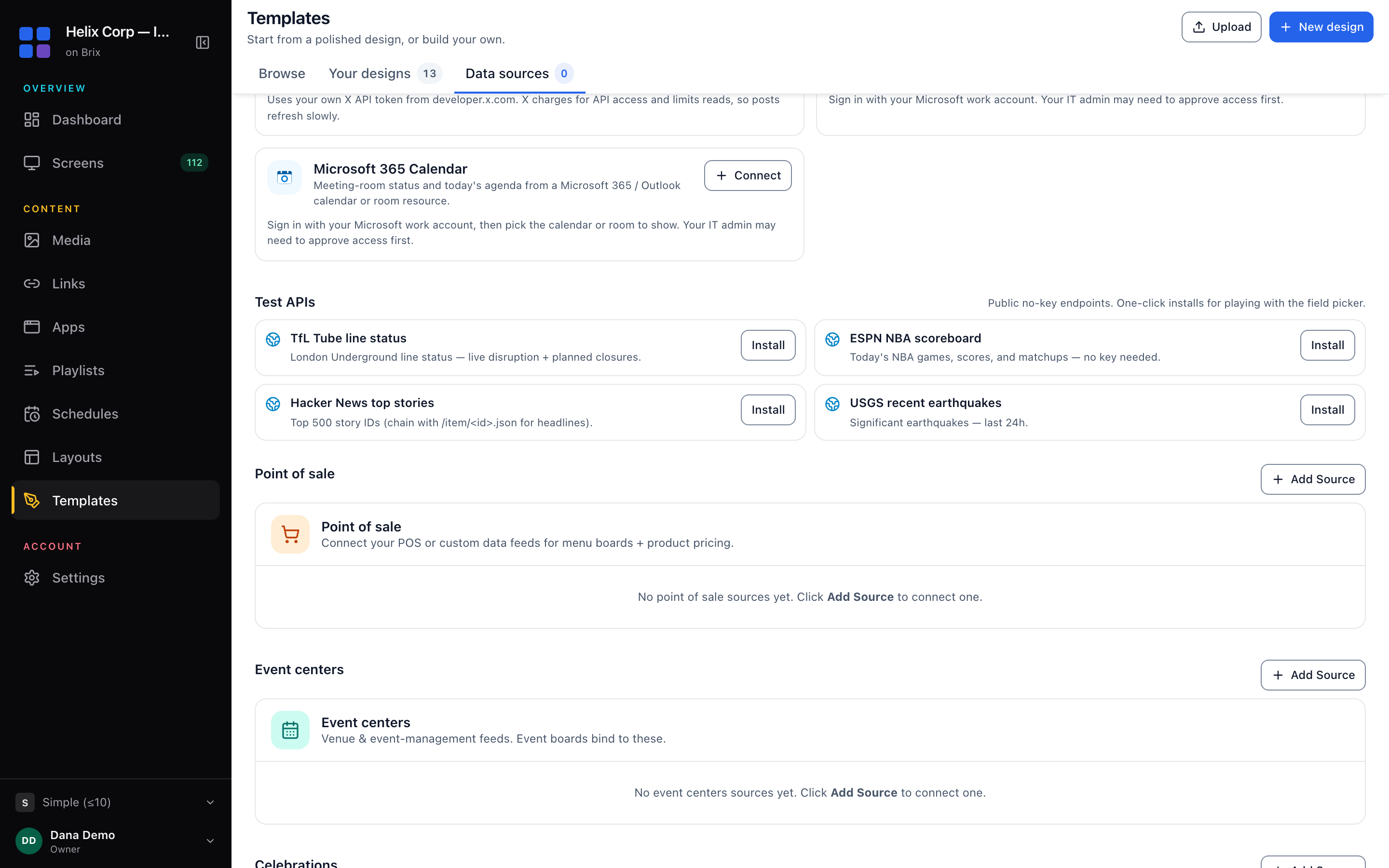 The Data sources tab, with a category section for each kind of feed and an Add Source button on every one.