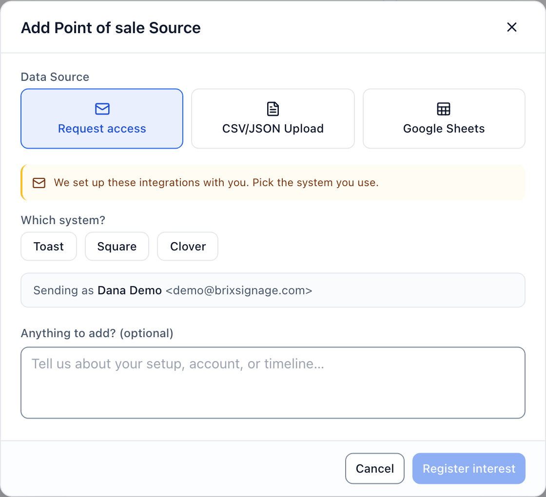 Point of sale in Data sources: Toast, Square and Clover under Request access.