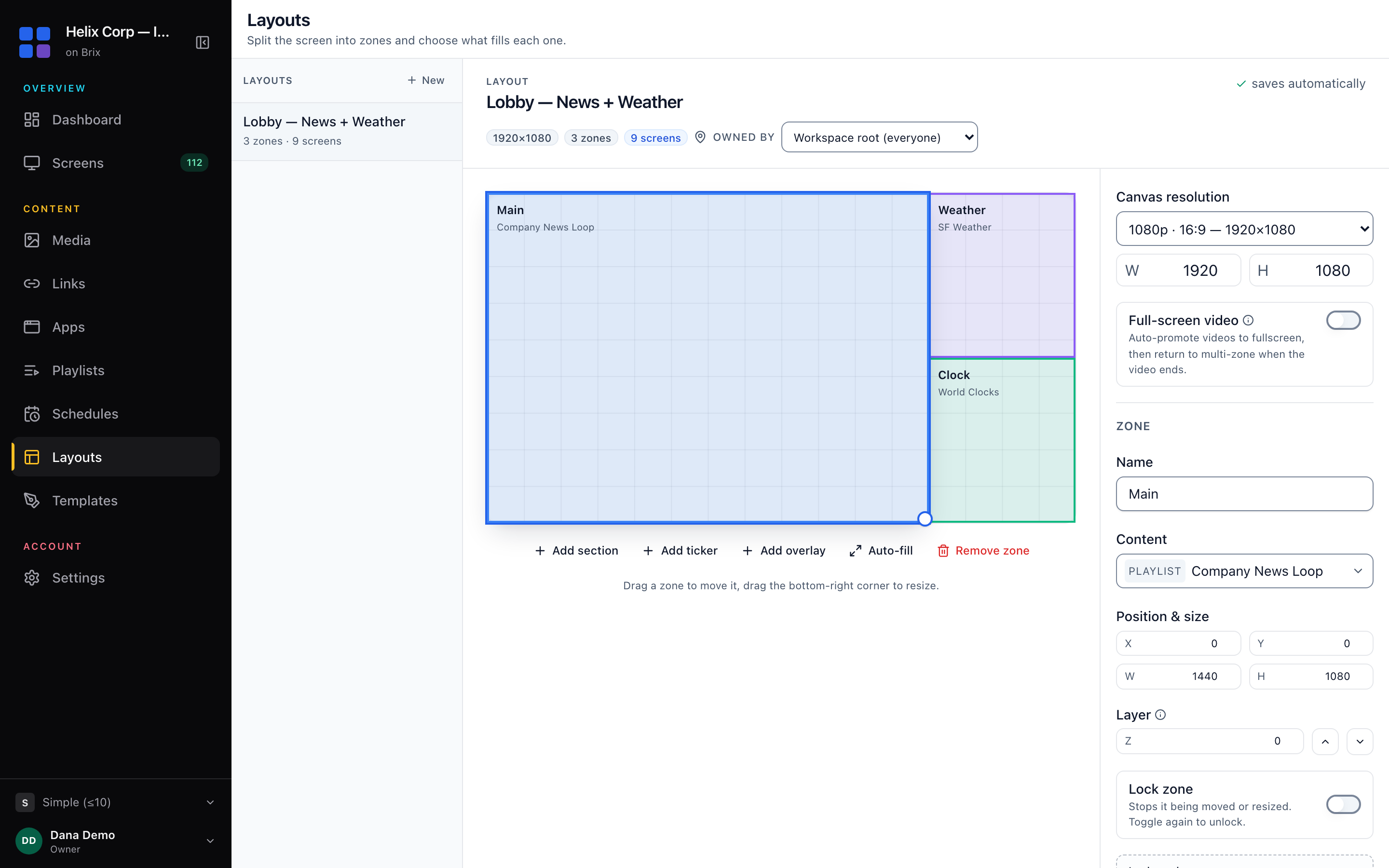 The Layouts editor: the rail, the zone canvas, and the row of Add section, Add ticker and Auto-fill buttons.
