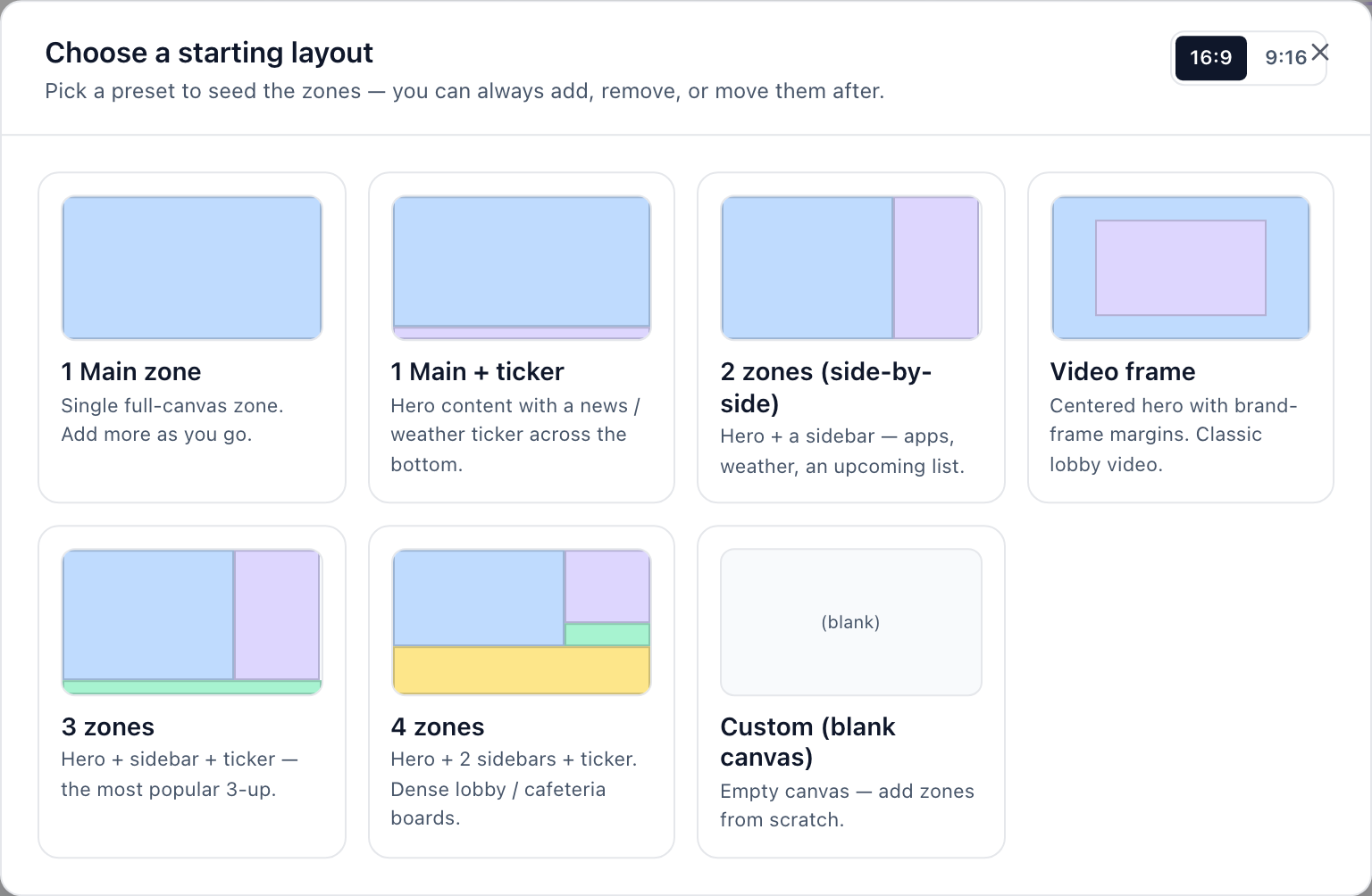 The Choose a starting layout dialog, with the 16:9 and 9:16 toggle and the grid of preset cards.