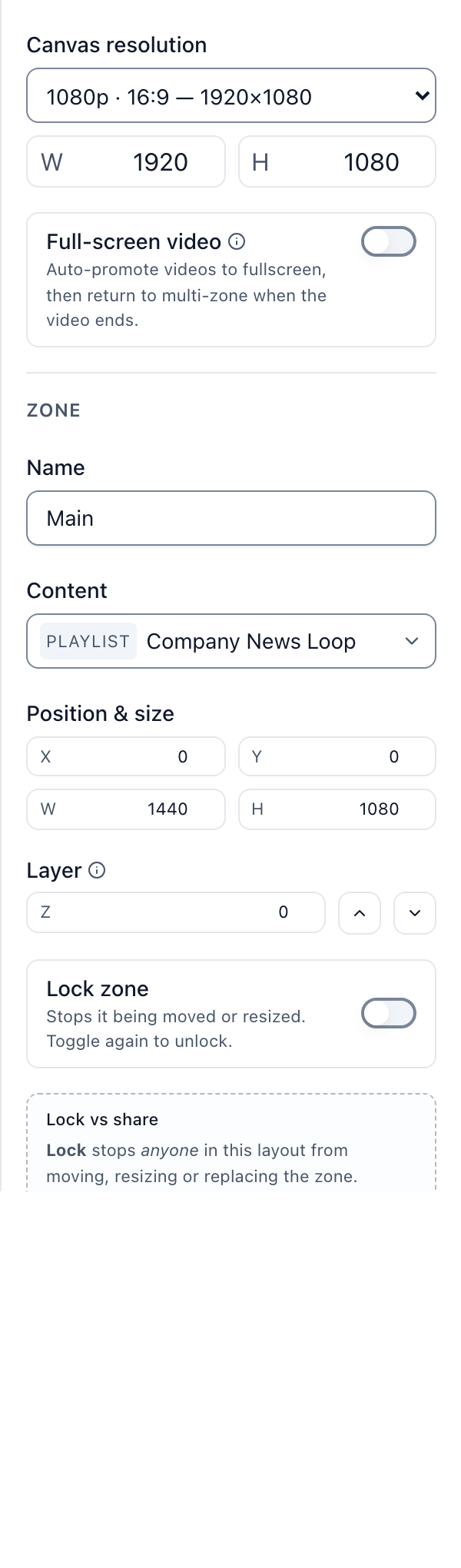 The Zone panel on the right of the editor, with Name, Content, the position fields, Layer and Lock zone.