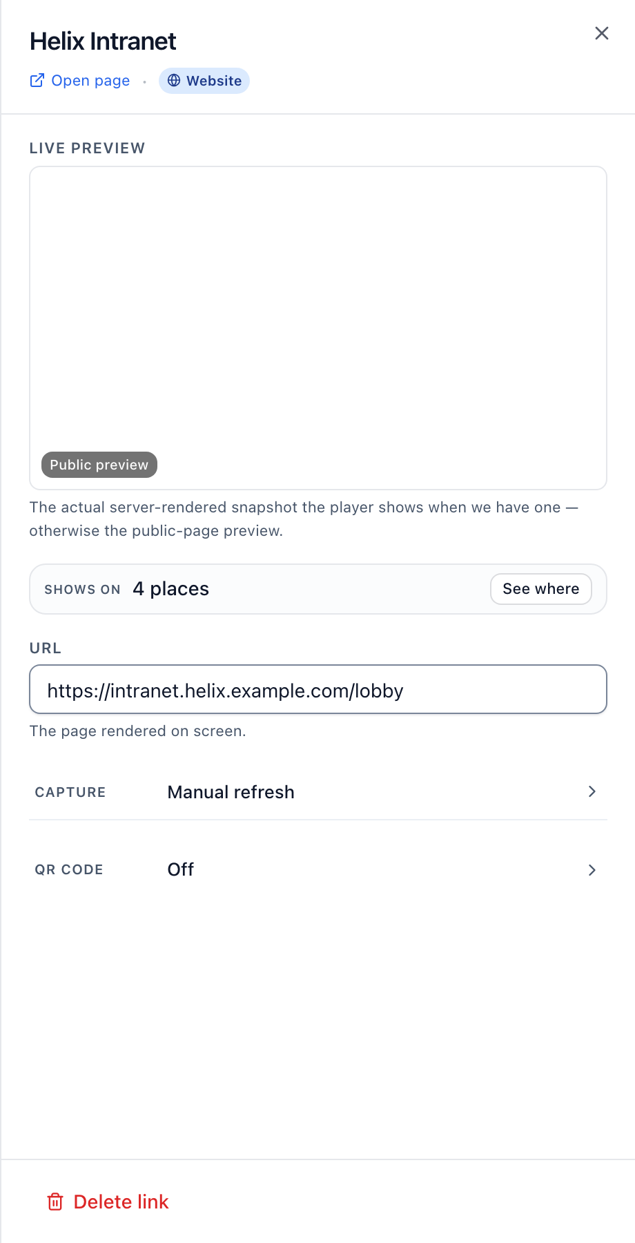 The link editor shows the live preview, the Shows on row, the URL field and the collapsed Capture section.