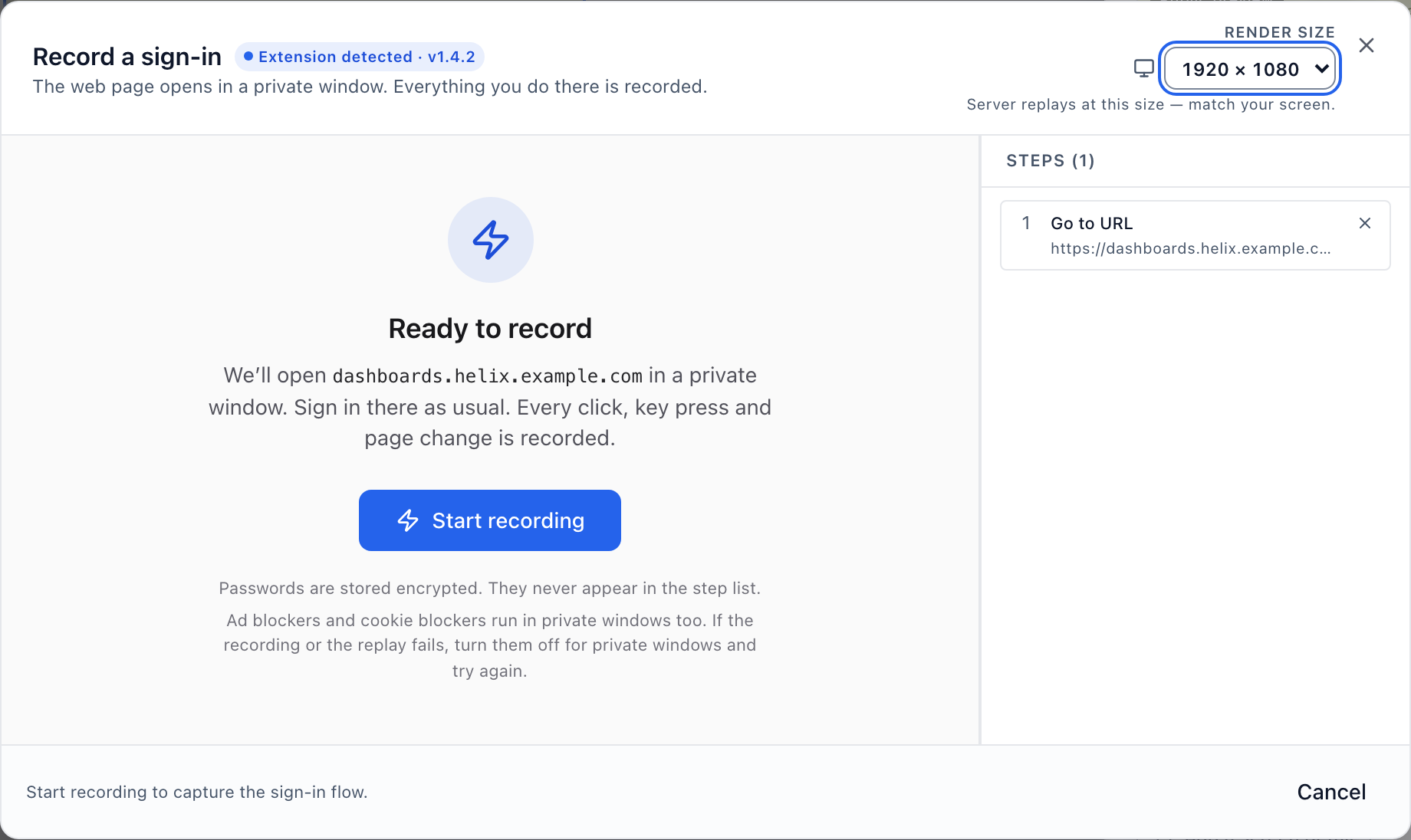 Record a sign-in, with the Brix Recorder extension detected.