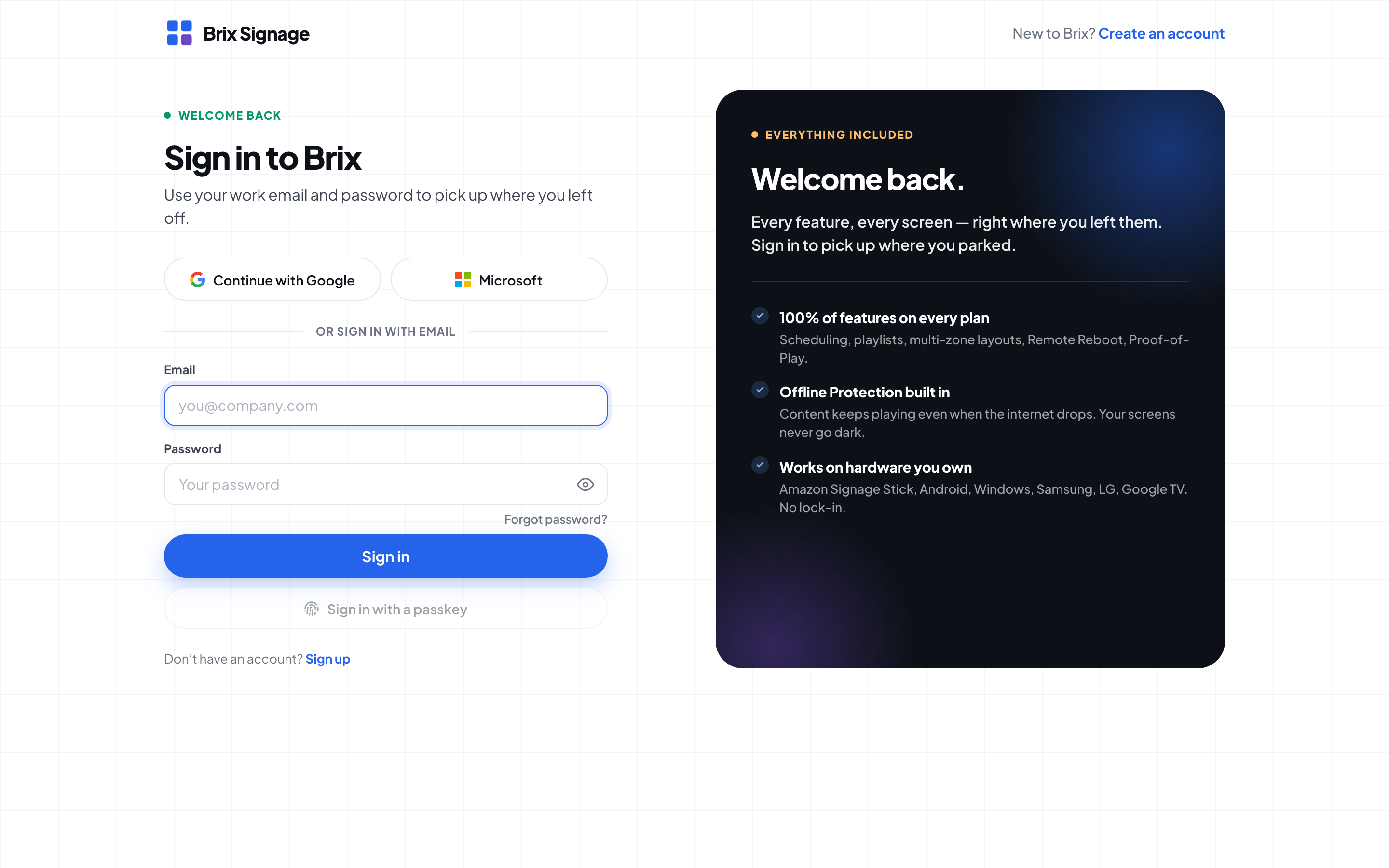 The Brix sign-in page shows the Email and Password fields, the Sign in button and the passkey button.