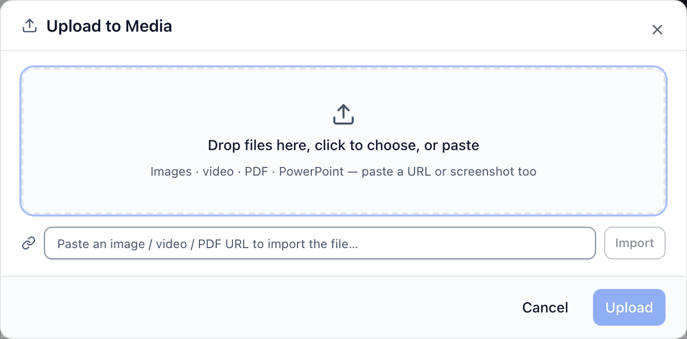 The Upload to Media dialog, with the drop area, the web address import row and the Folder dropdown at the bottom.