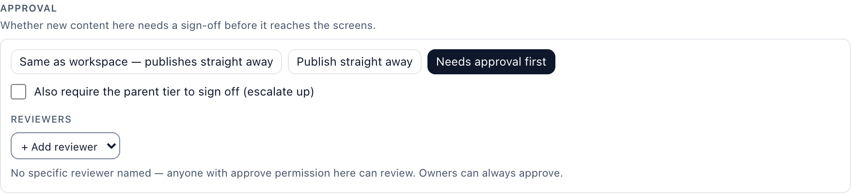 A location's Approval setting: Needs approval first and the reviewer list.