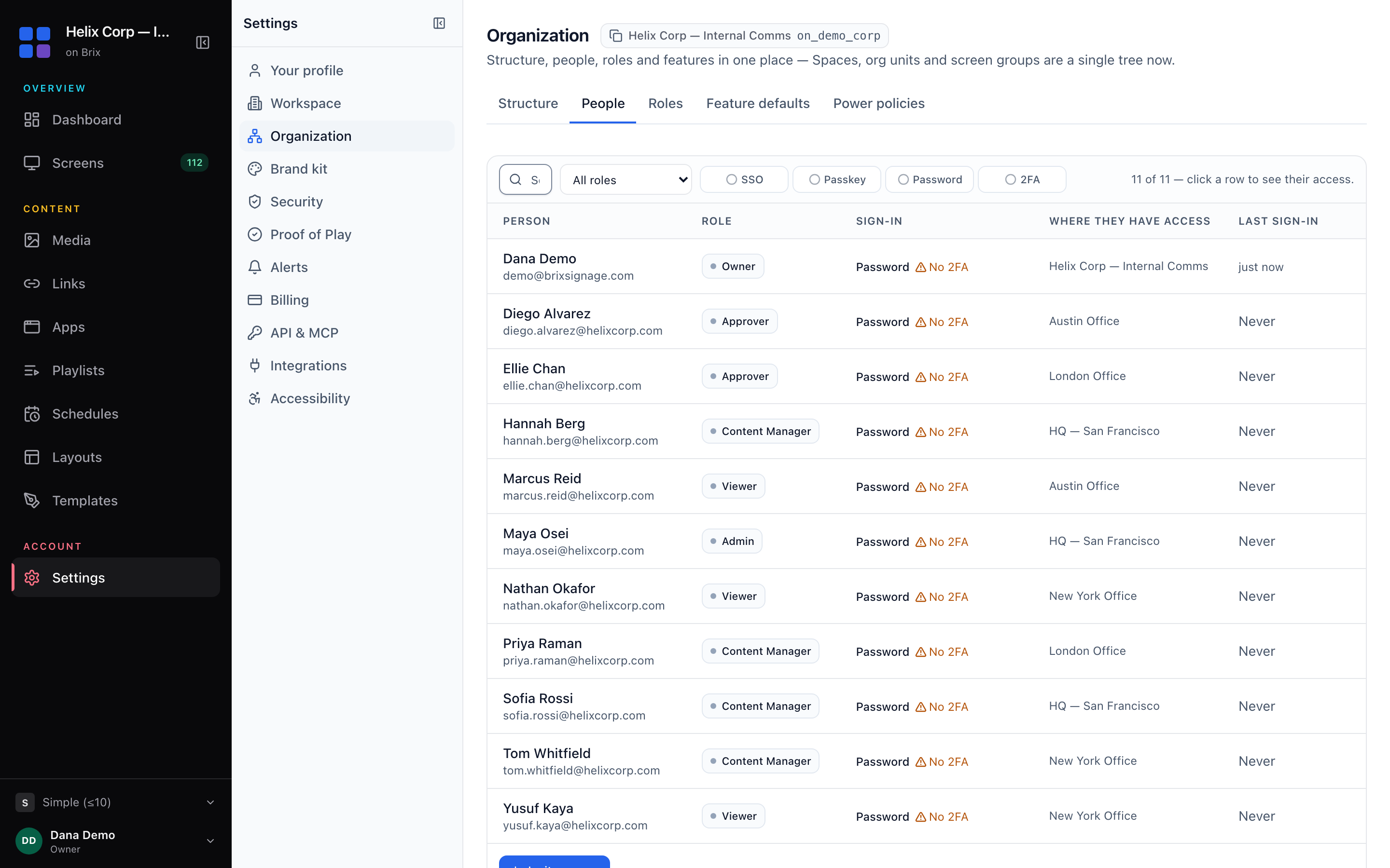 The People roster, with the search box, the role list, the sign-in filter chips, the table of people and the Invite person button.