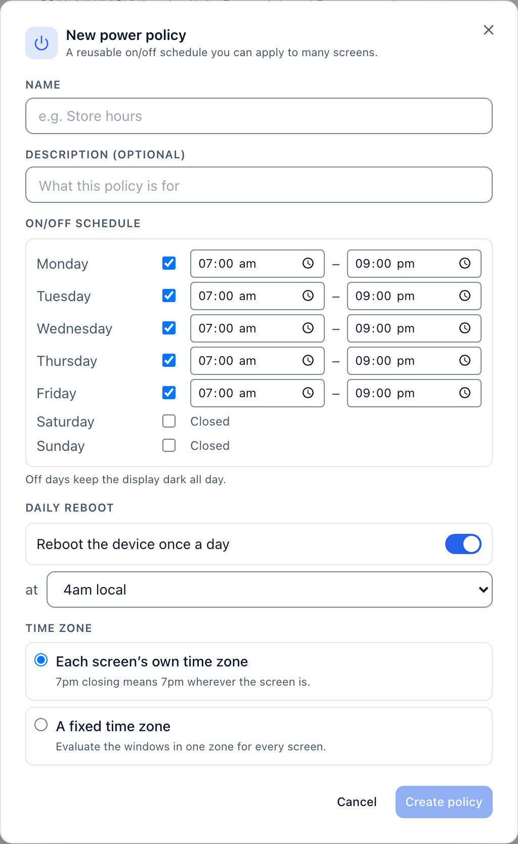 The New power policy dialog with the weekday rows, the daily reboot and the time-zone choice.