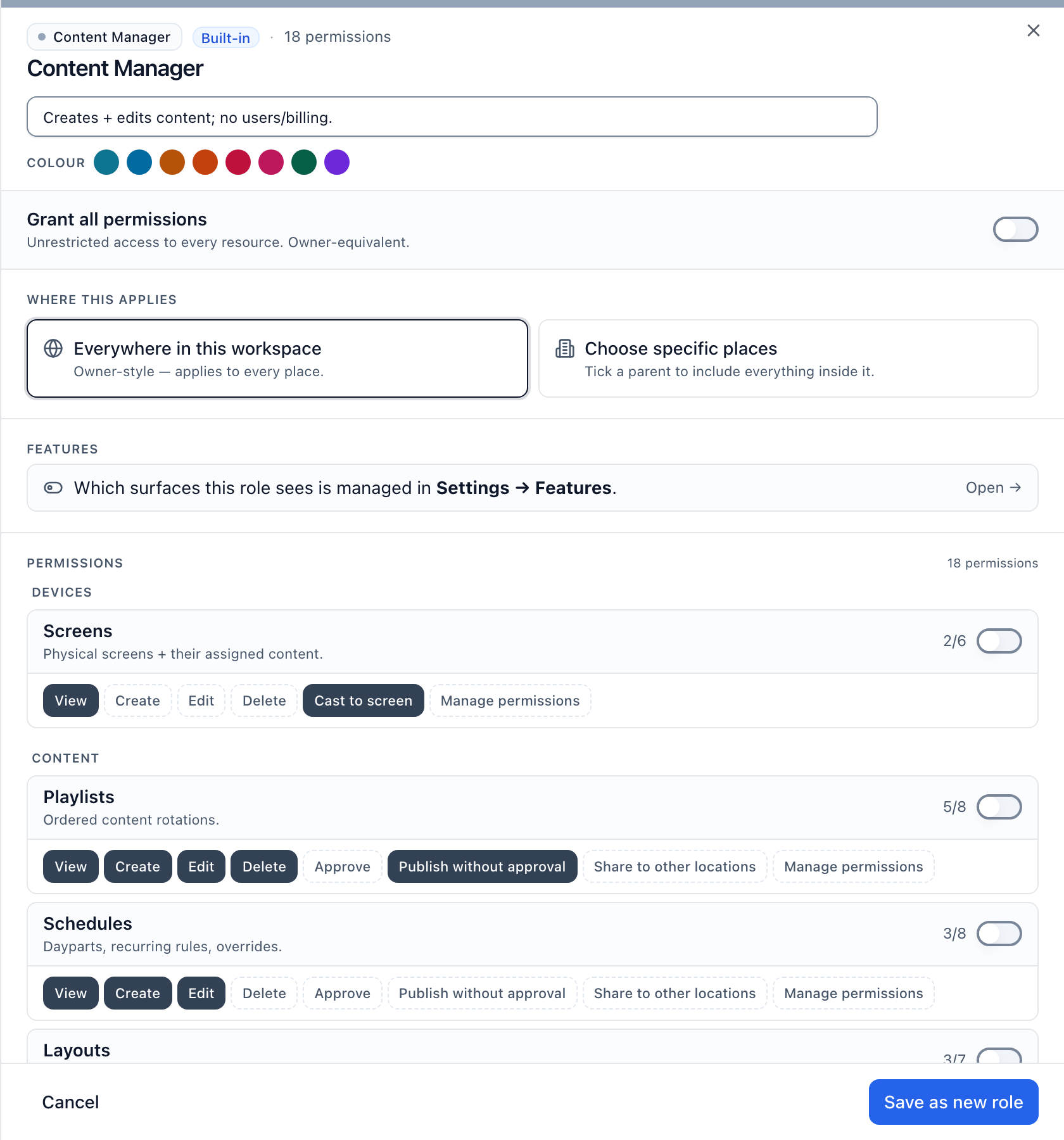 The role editor, with the name and description, the color picker, the Grant all permissions switch, Where this applies and the permission cards.