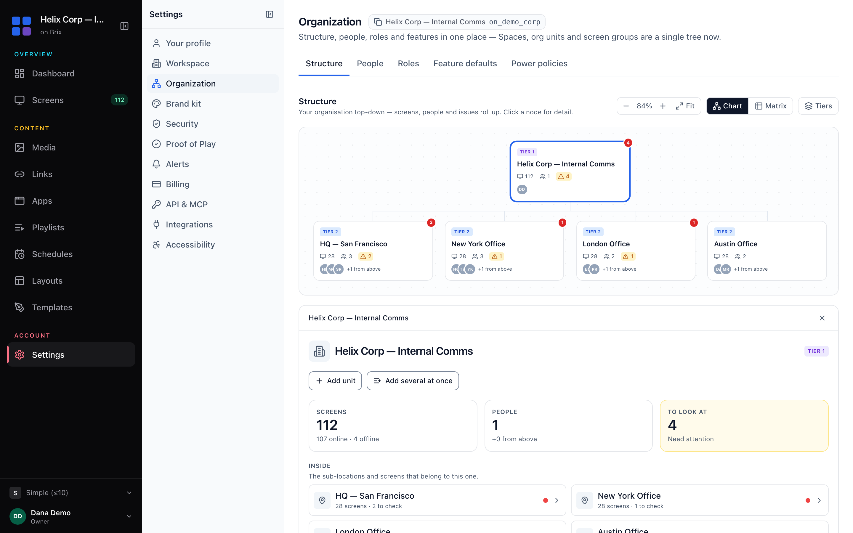The Structure tab of Organization settings. Each card in the chart is one location, and the panel holds the rules for the location you select.