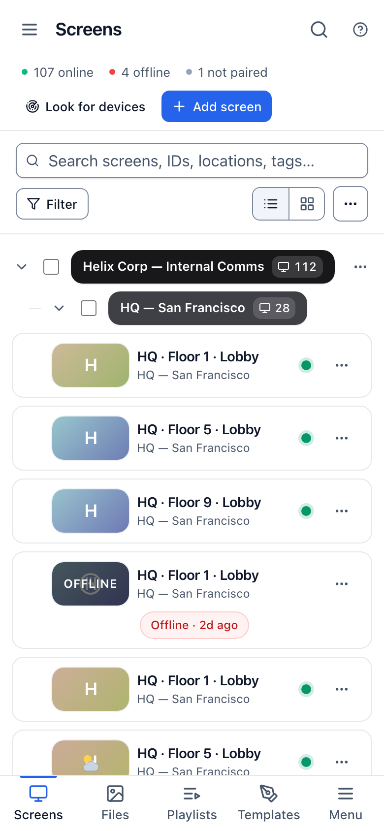The Screens tab on a phone, with the online and offline counts at the top