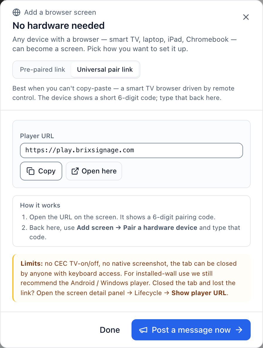 The browser screen dialog on Universal pair link, with the player URL and the two setup steps.