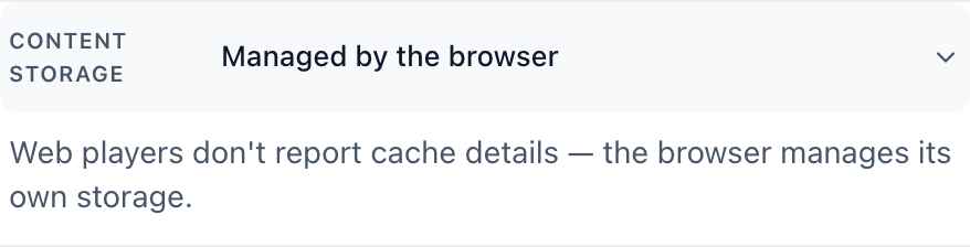 The expanded Content storage row, with the used-of-total meter, the Cached assets list, and the Force re-fetch and Clear cache buttons.