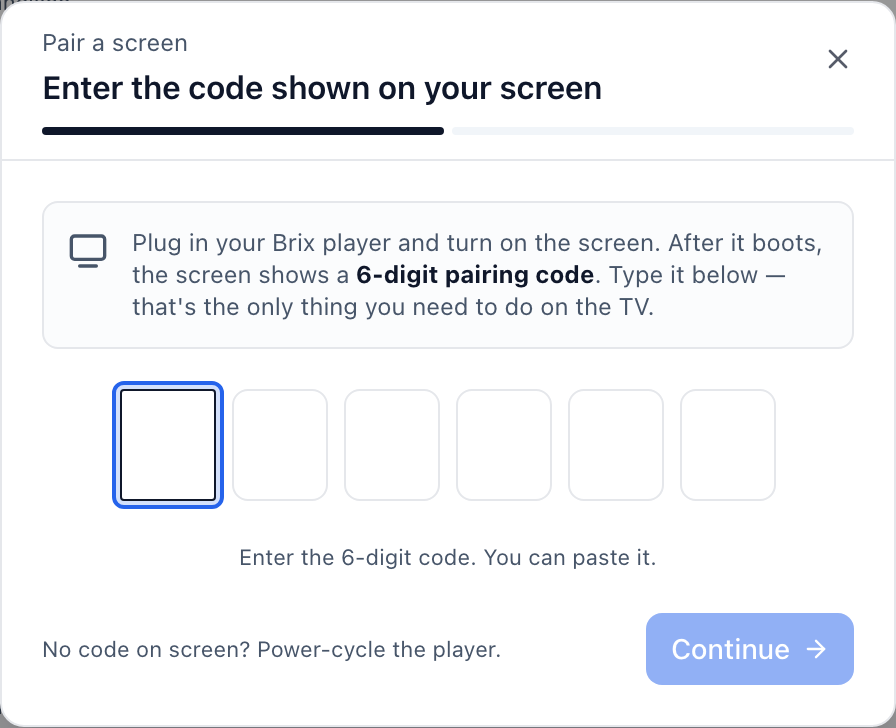 The pairing dialog, with the instruction card and the six empty code boxes.