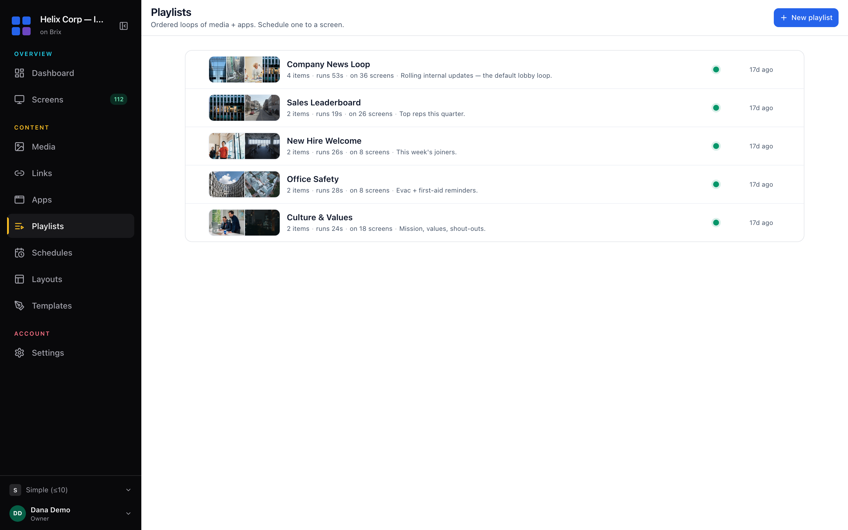 The Playlists page: the New playlist button, and one row per playlist with thumbnails, a fact line and a status.
