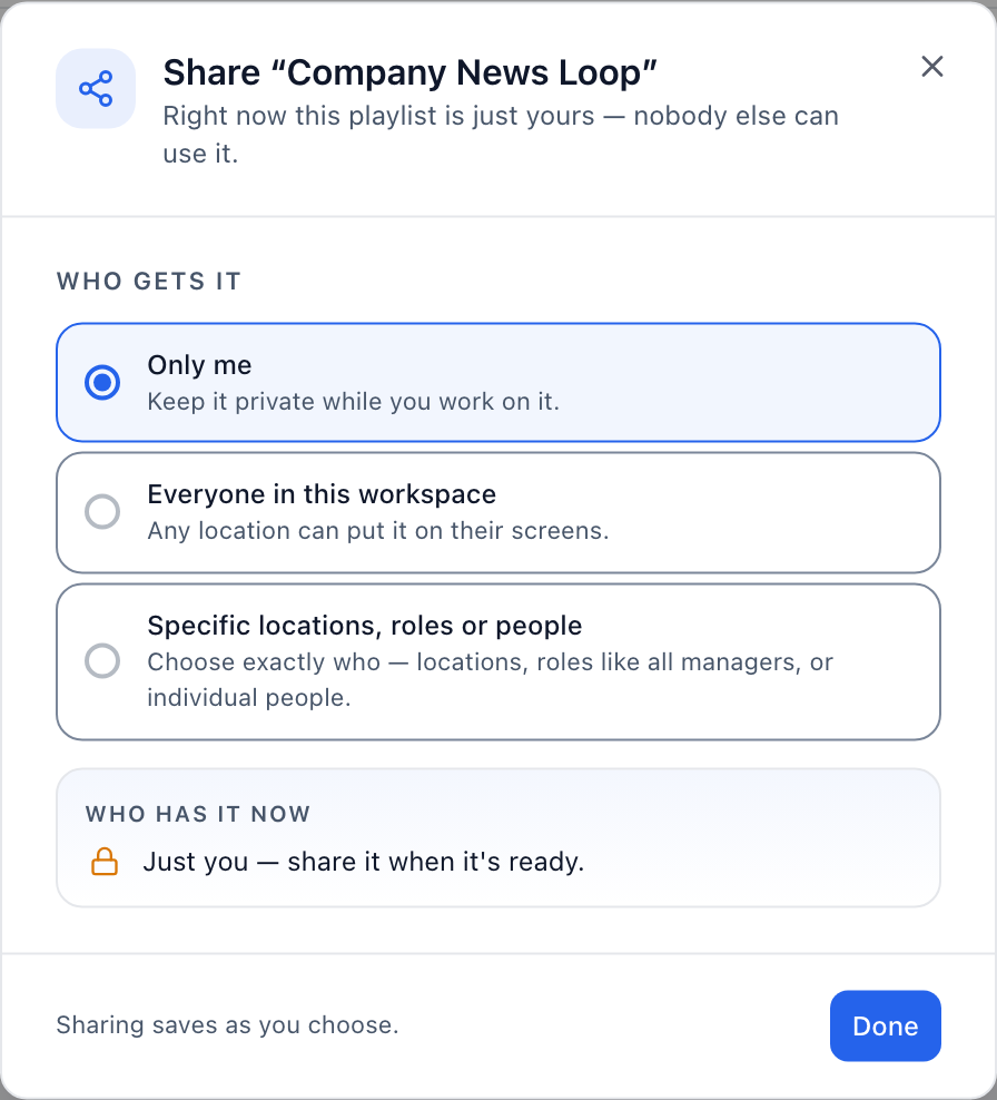 The Share content dialog, with the Every location default above the per-location overrides.