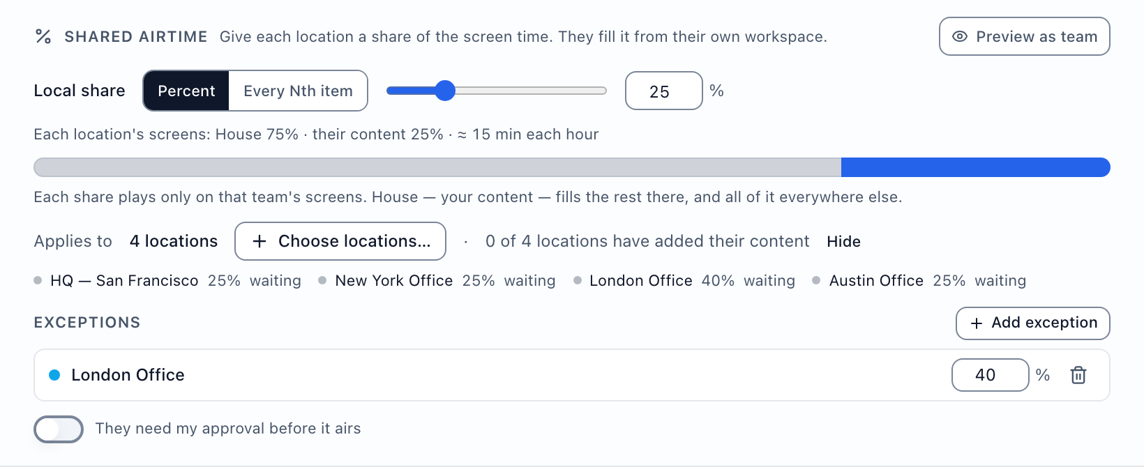 The Shared airtime panel: the split bar, the locations, Choose locations and Add exception.