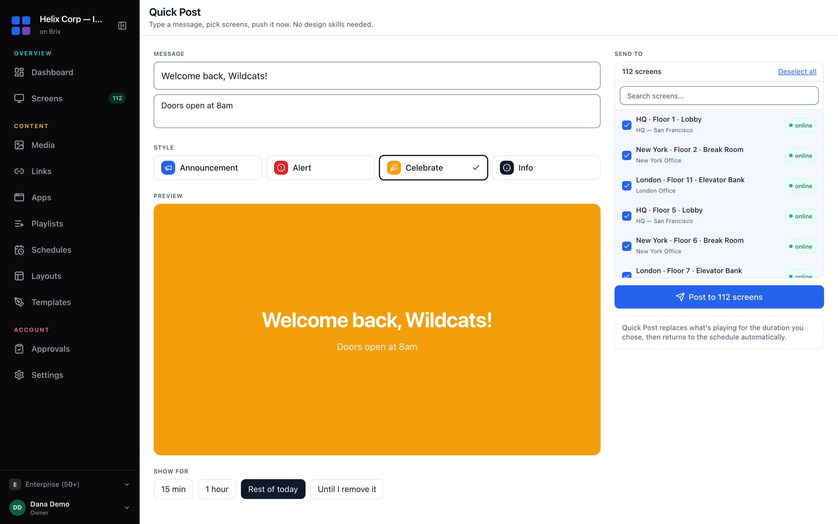 The Quick Post composer: the message fields, the four style tiles, the preview and the screen picker.
