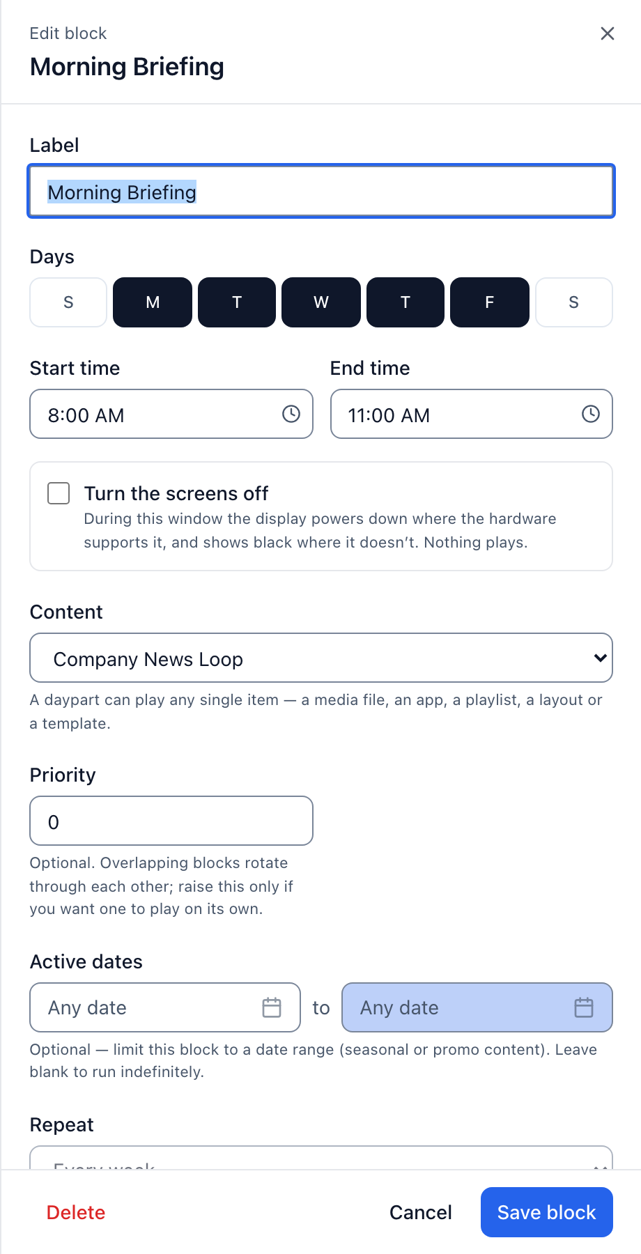 The block editor sheet, with Label, Days, Start time, End time, Content, Priority, Active dates and Repeat.