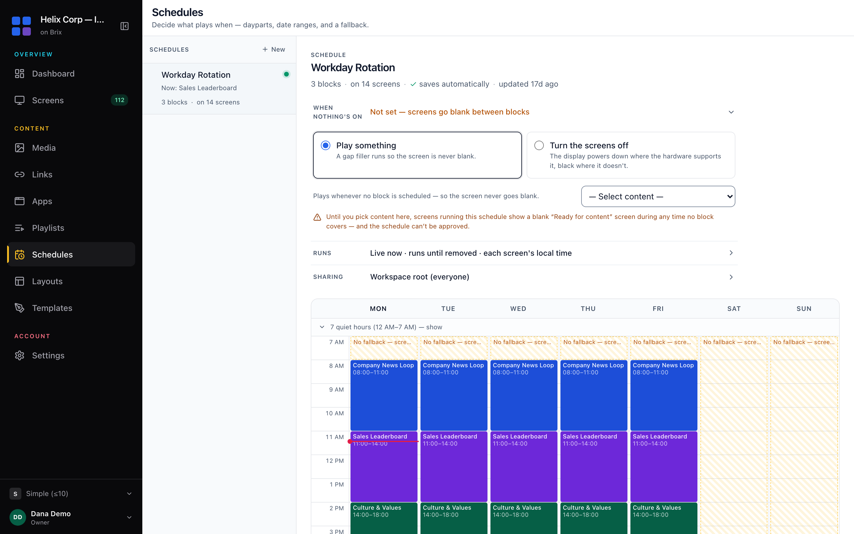 The Schedules page, with the rail of schedules on the left, the weekly grid, and the Blocks list.