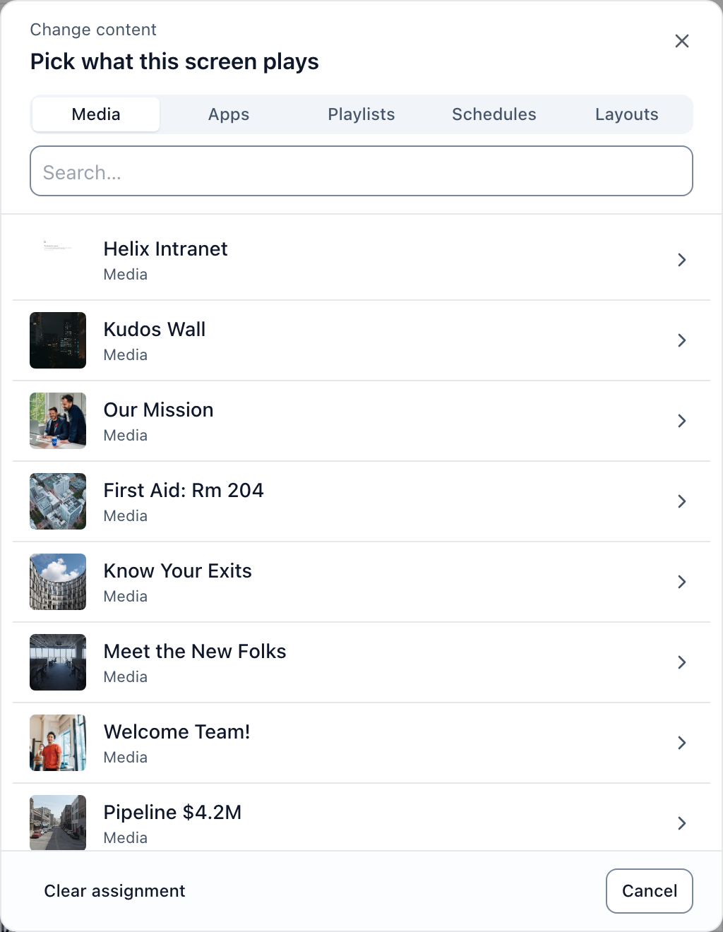 The Change content dialog, with the content-type tabs, the search box and the list of items.