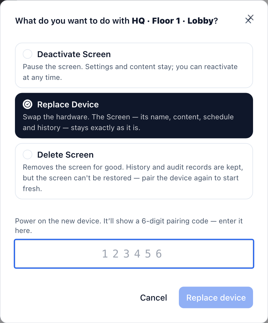 The lifecycle modal with Replace Device selected and the six-digit pairing code box ready.